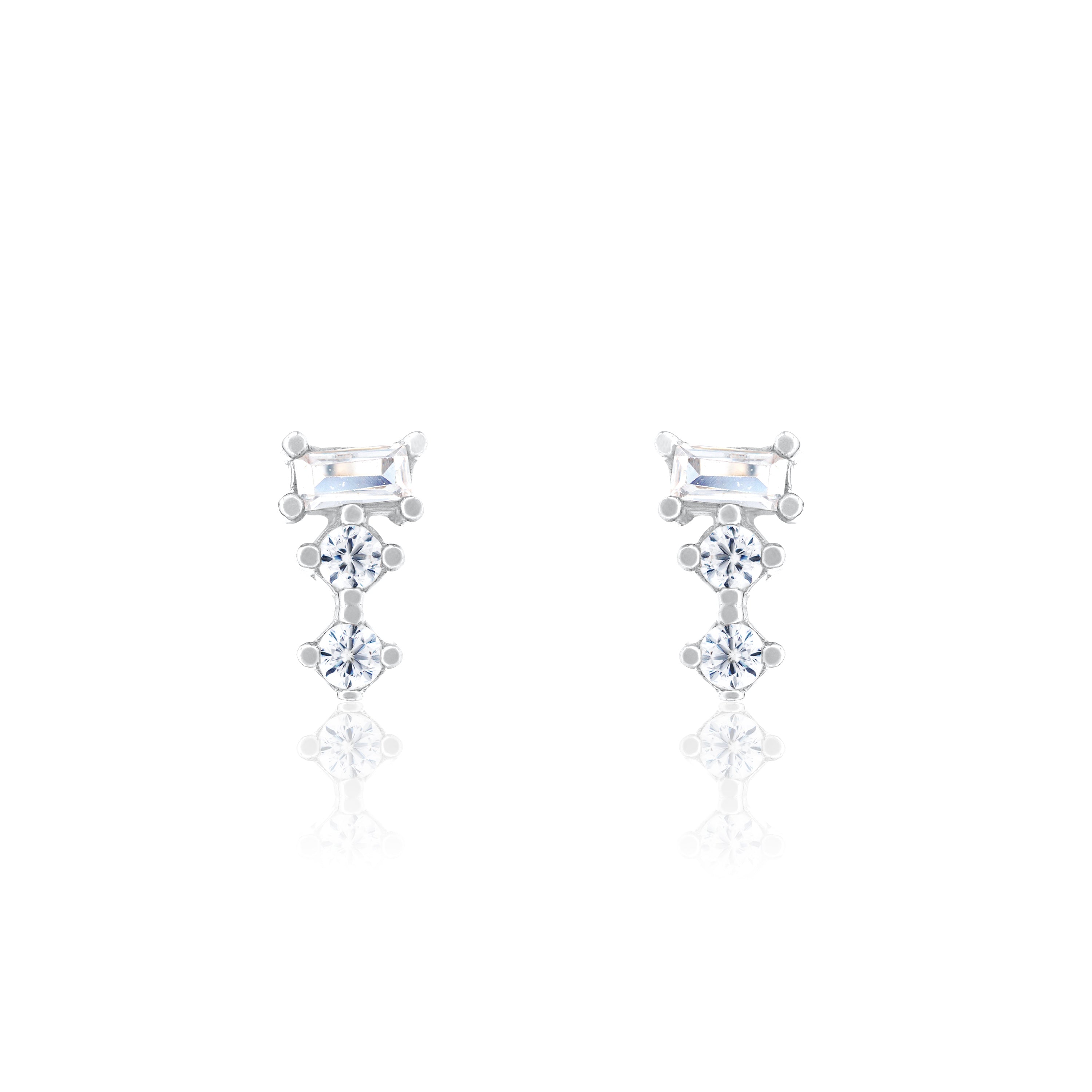 Baguette And Solitaire Combo Stud Earrings - Silver White