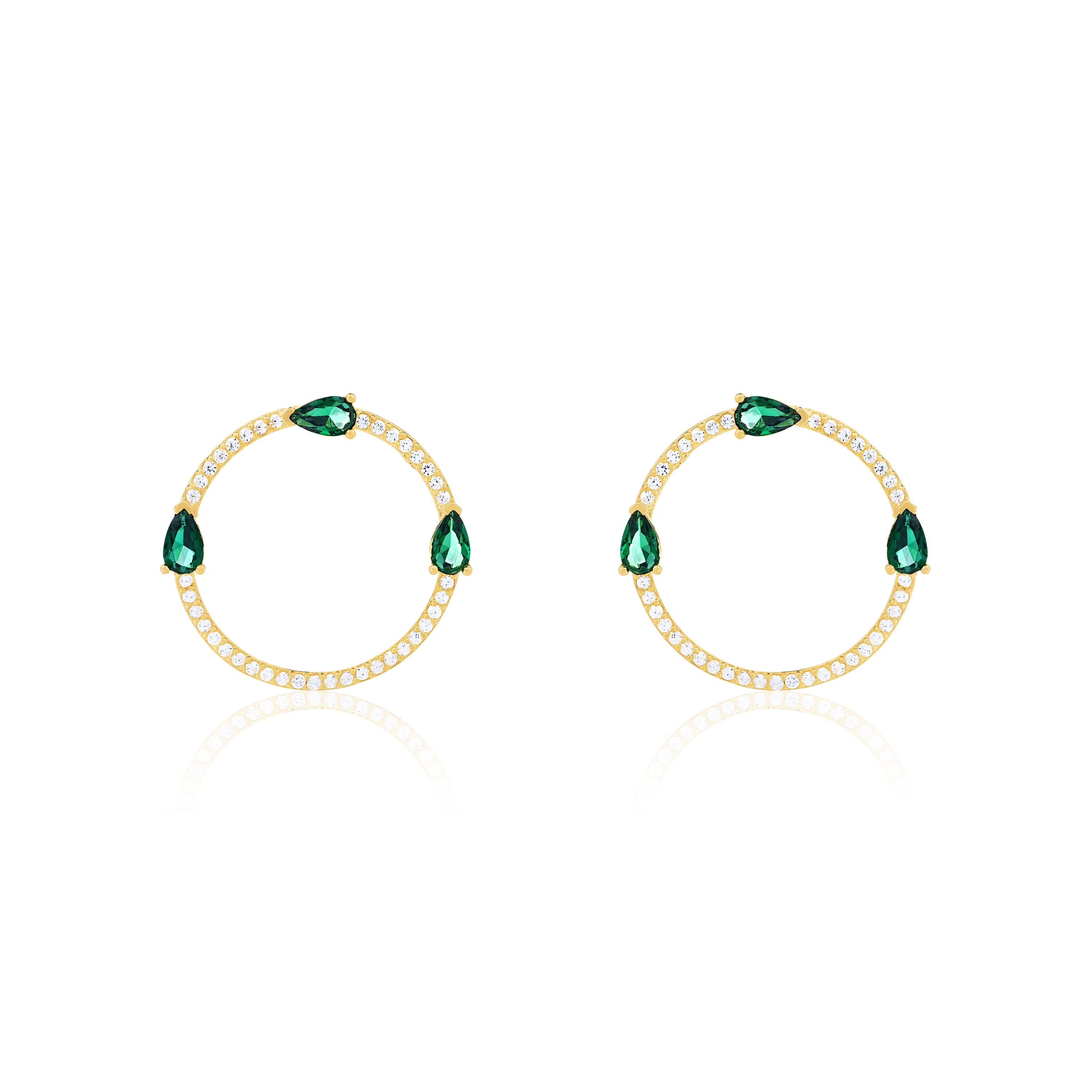 Circle Pave Cubic Zirconia With Three Teardrops Earrings - Gold Green And White