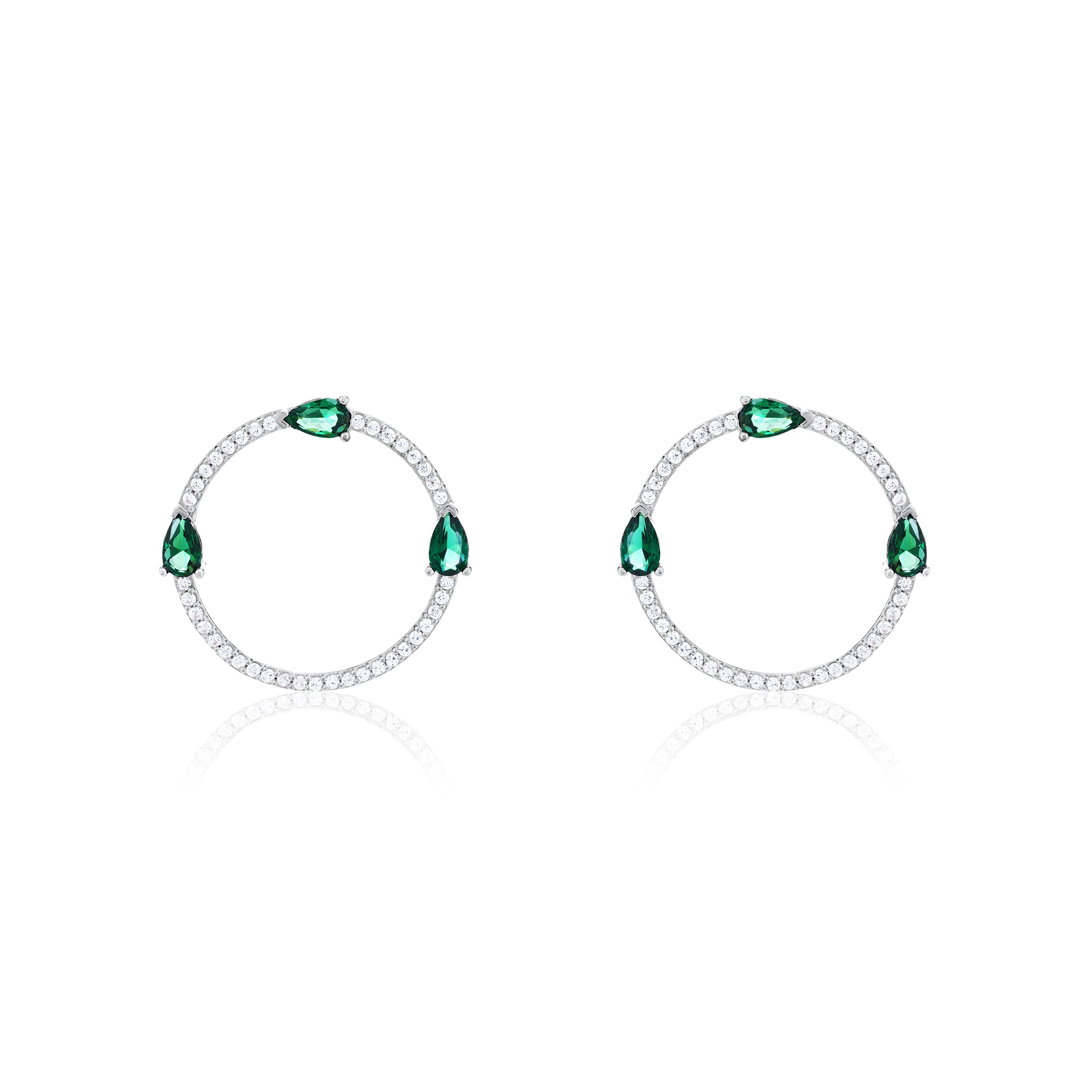 Circle Pave Cubic Zirconia With Three Teardrops Earrings - Silver Green And White