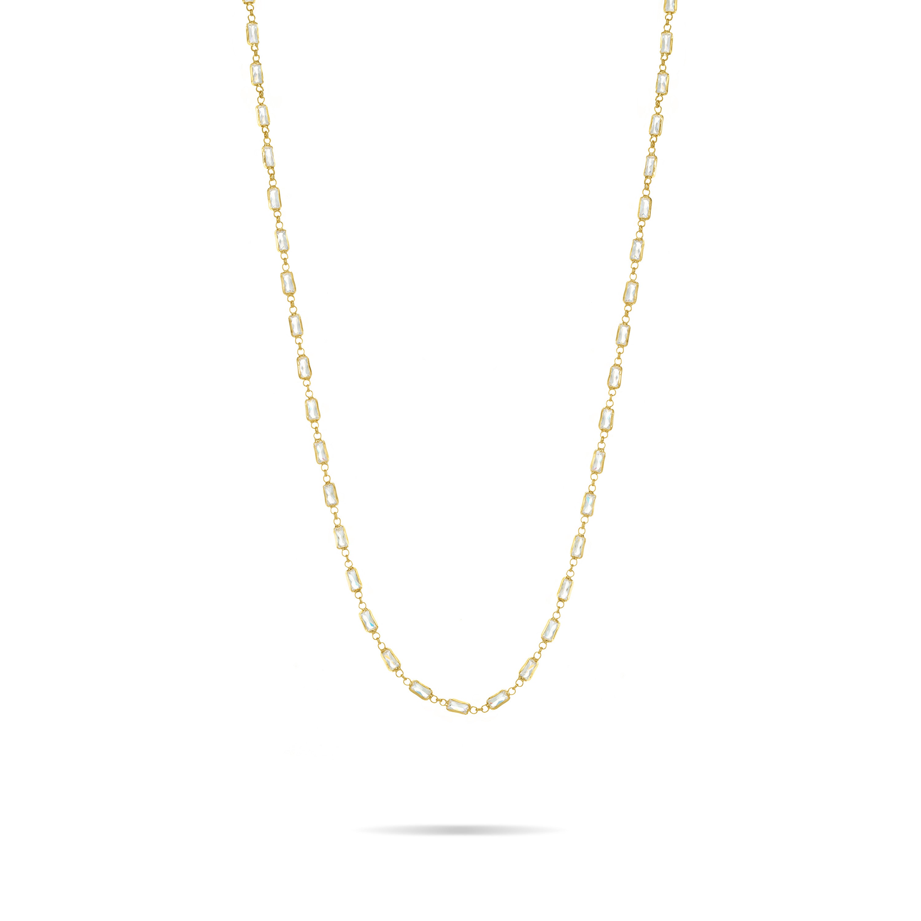 Connected Tiny Baguettes Long Necklace - Gold White - Short
