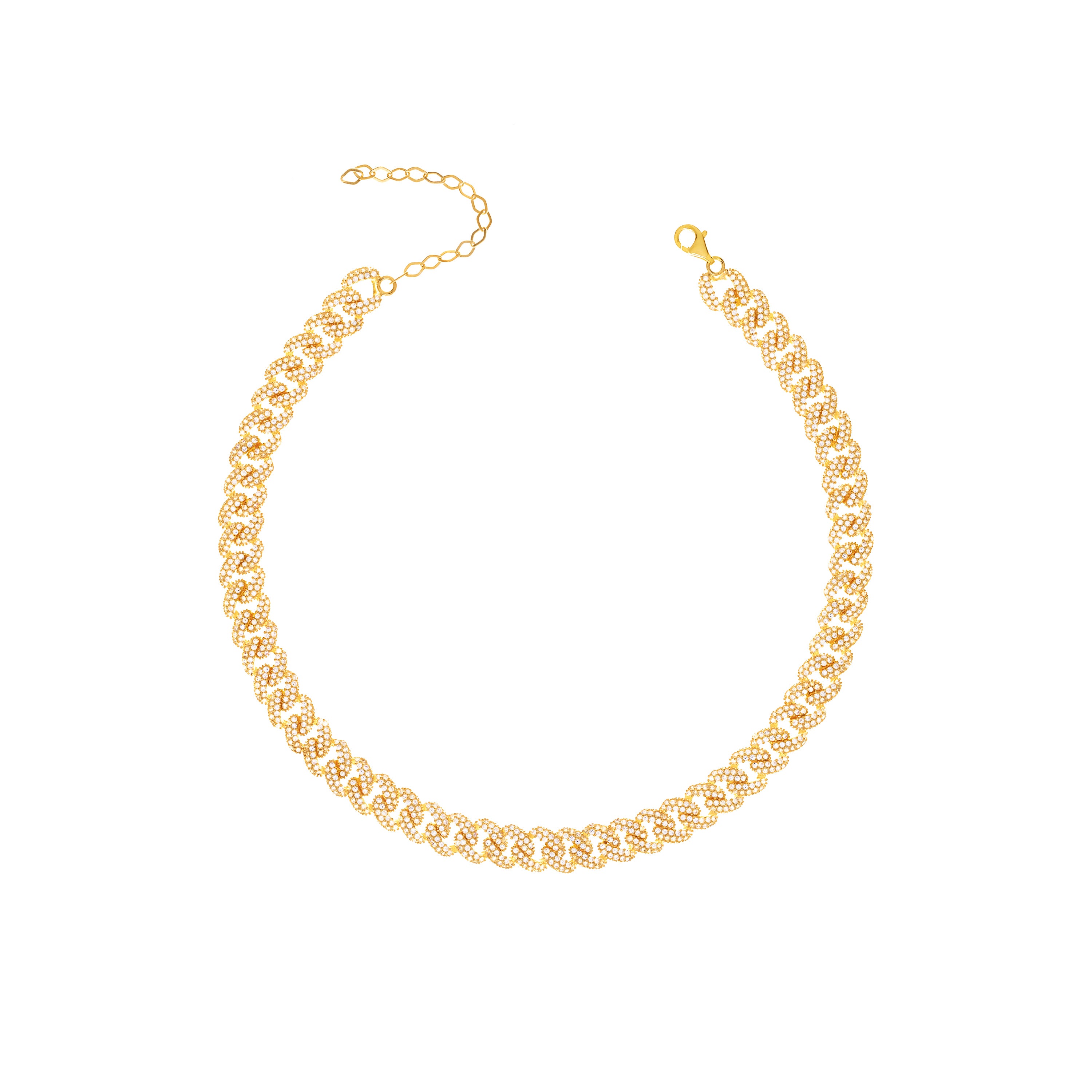 Cubic Zirconia Pave Cuban Chain Link Choker - Gold White
