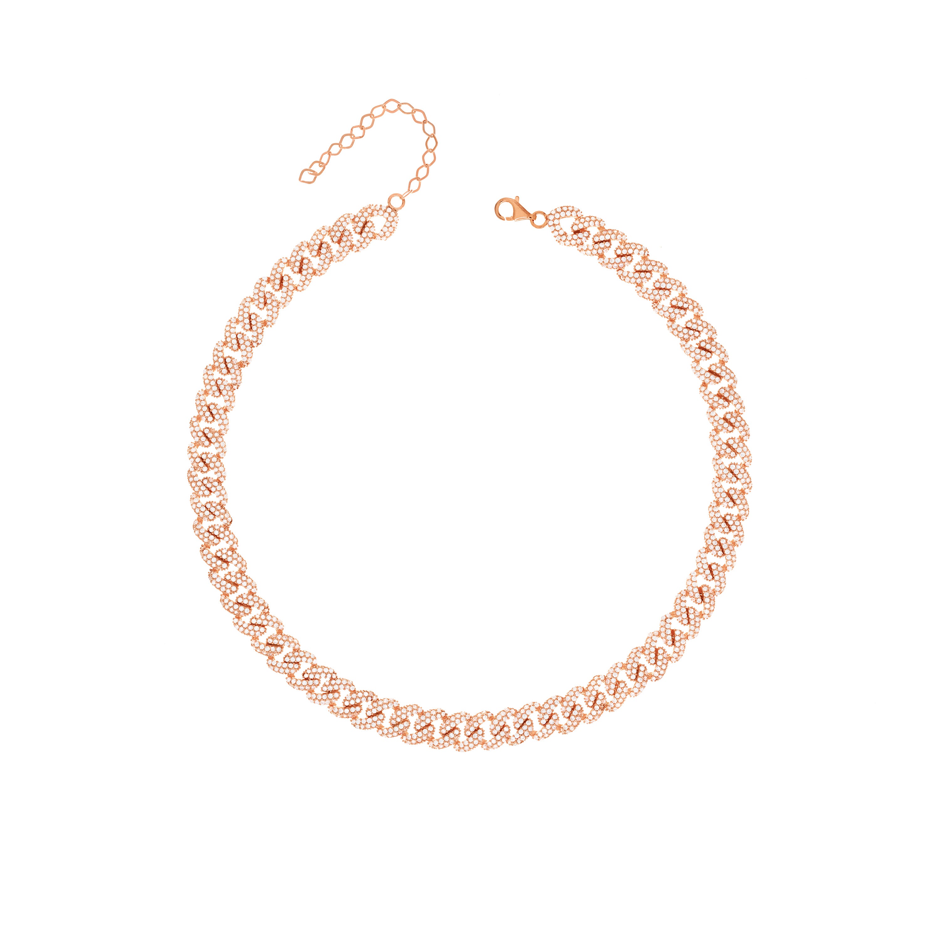 Cubic Zirconia Pave Cuban Chain Link Choker - Rose Gold White