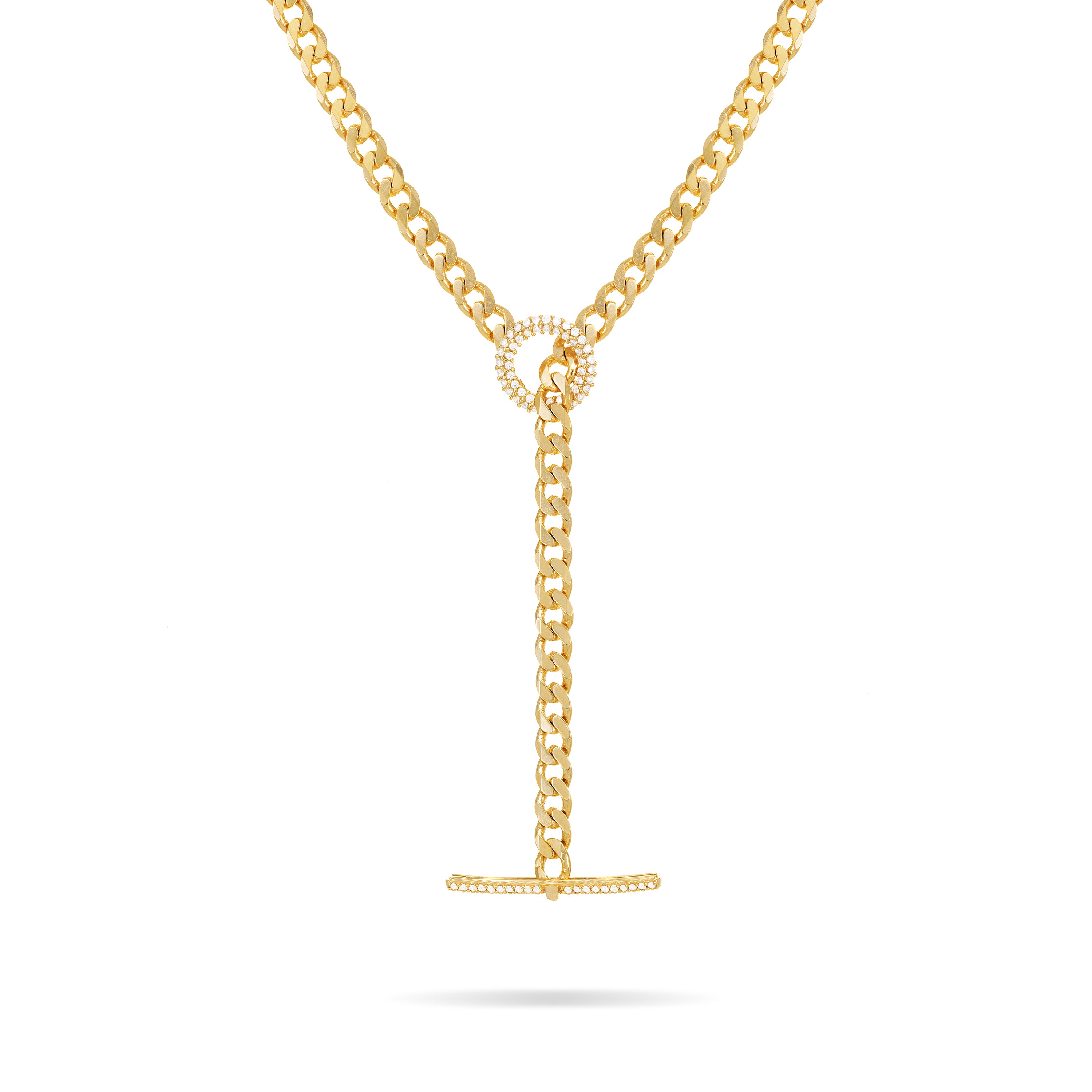 Cubic Zirconia T Bar Clasp Curb Chain Necklace - Gold White