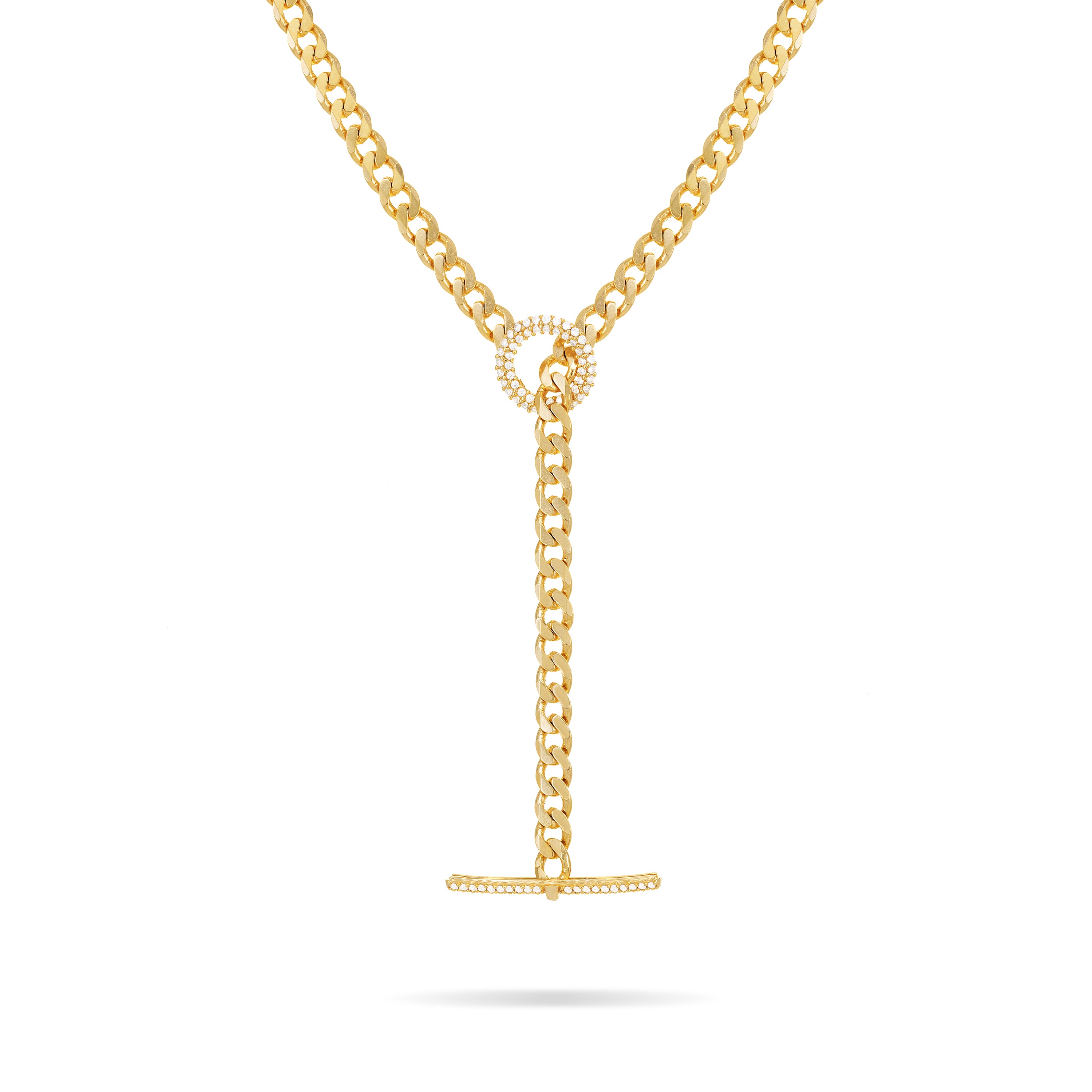 Cubic Zirconia T Bar Clasp Curb Chain Necklace