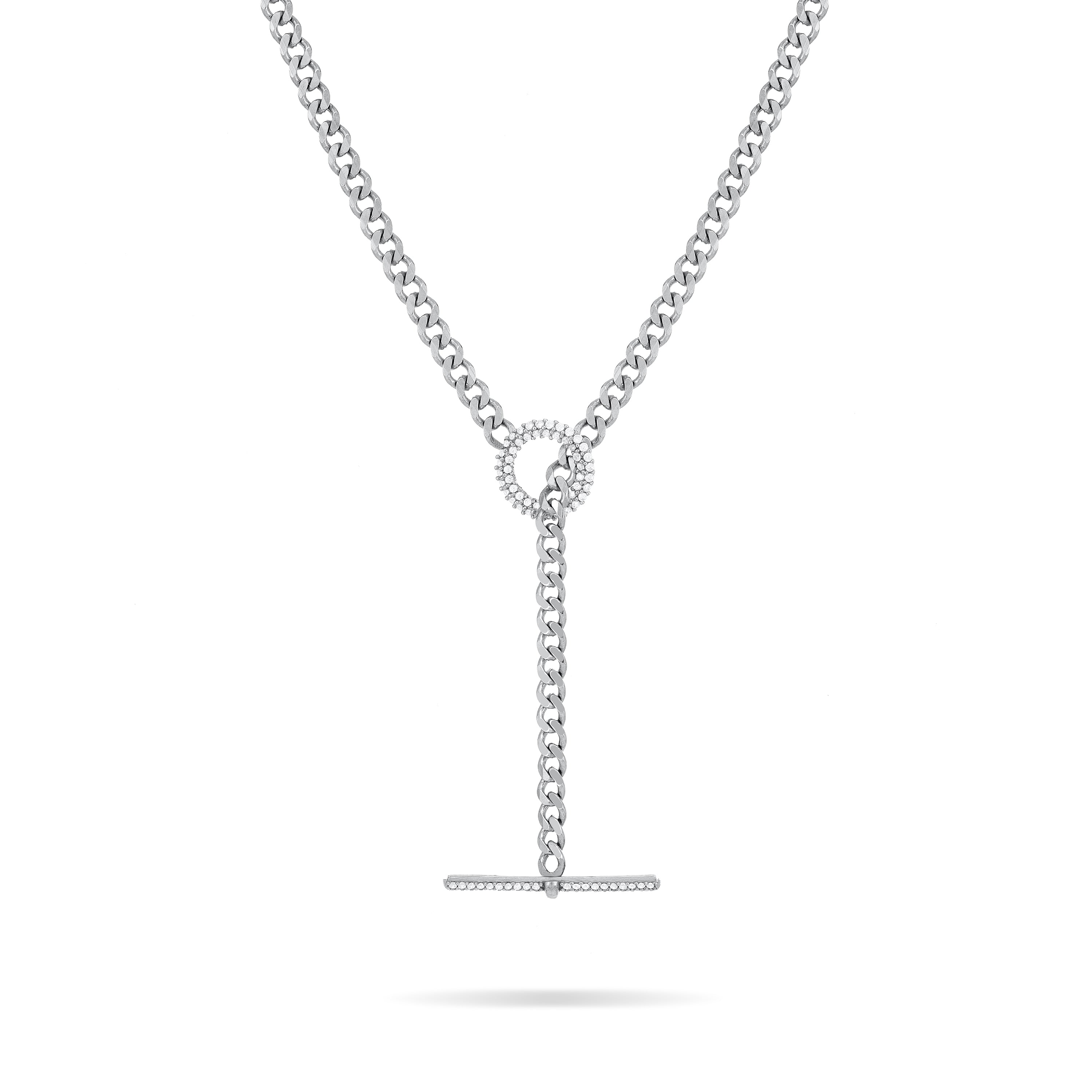 Cubic Zirconia T Bar Clasp Curb Chain Necklace - Silver White