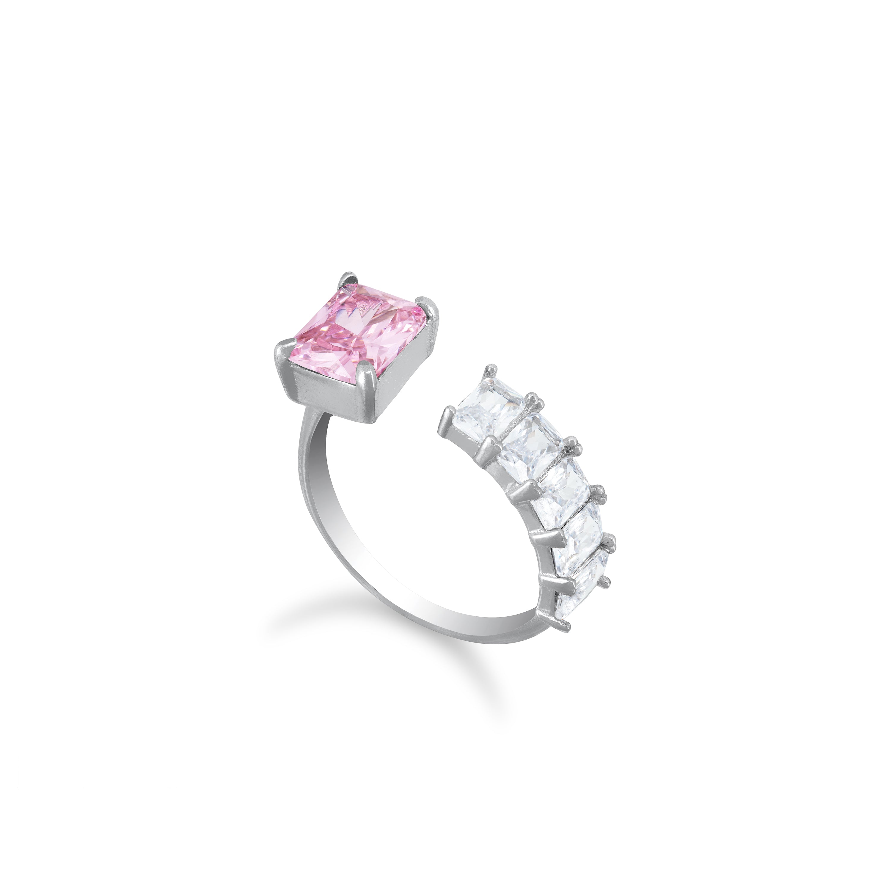 Emerald And Baguette Cut Open Ring - Silver Light Pink And White