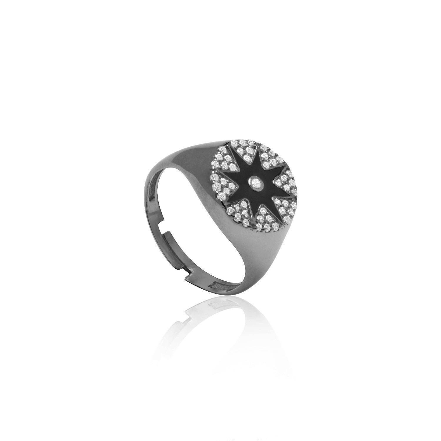 Enamel Starburst Cubic Zirconia Pinky Ring - Black Rhodium Black