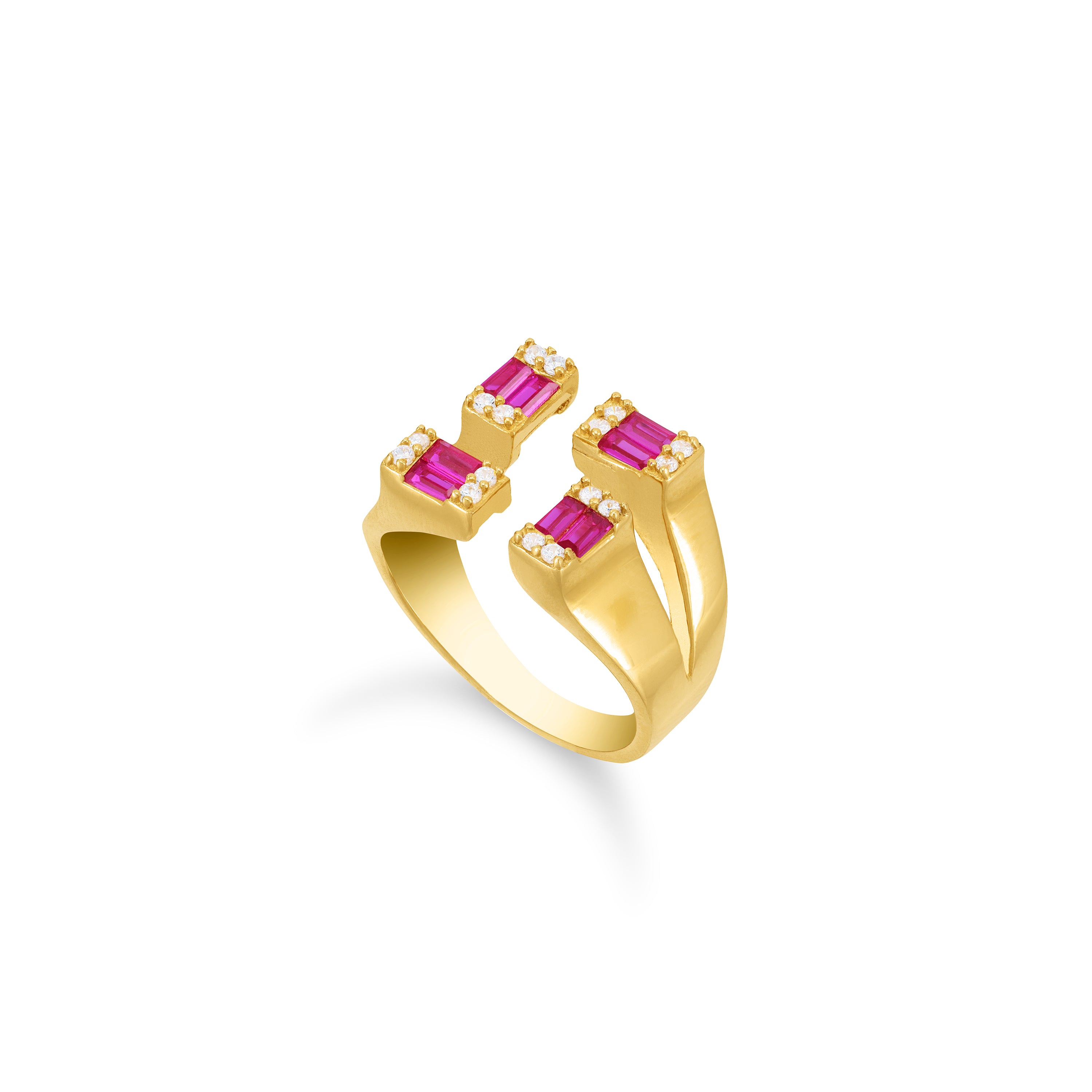 Four Baguette Stone Open Ring - Gold Fuchsia And White