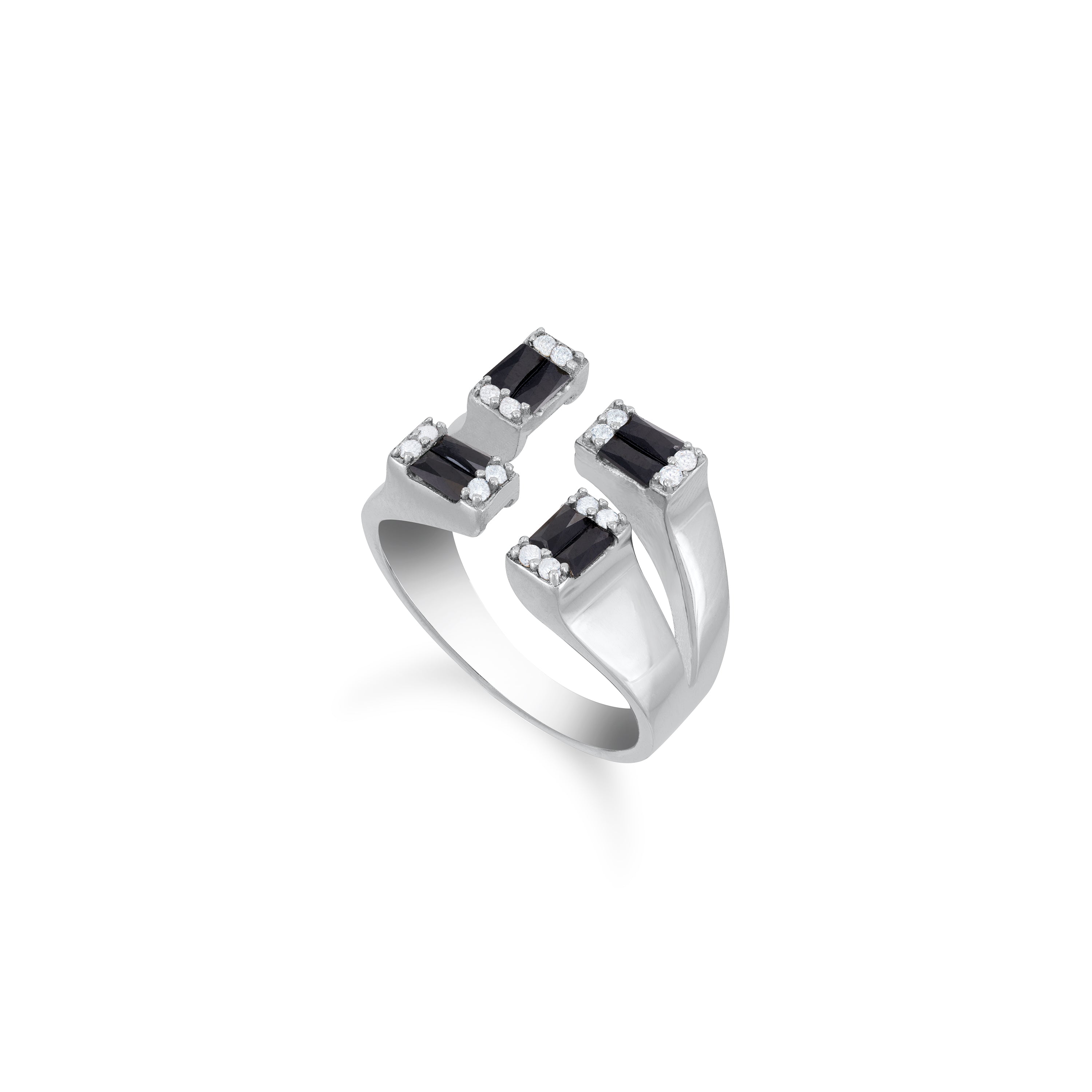 Four Baguette Stone Open Ring - Silver Black And White