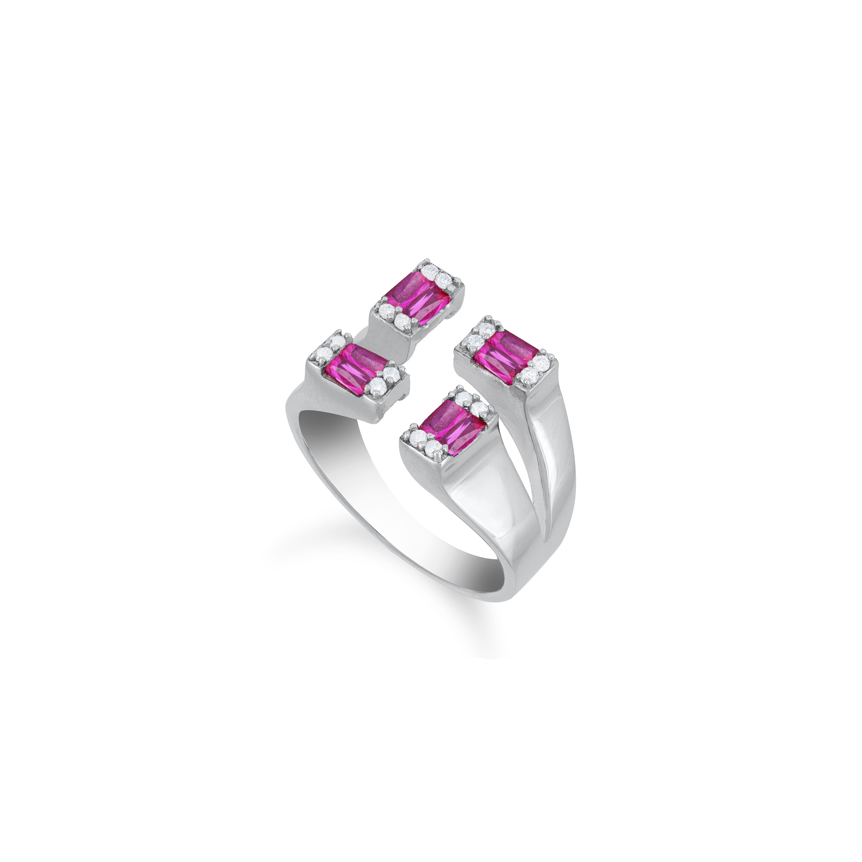 Four Baguette Stone Open Ring - Silver Fuchsia And White