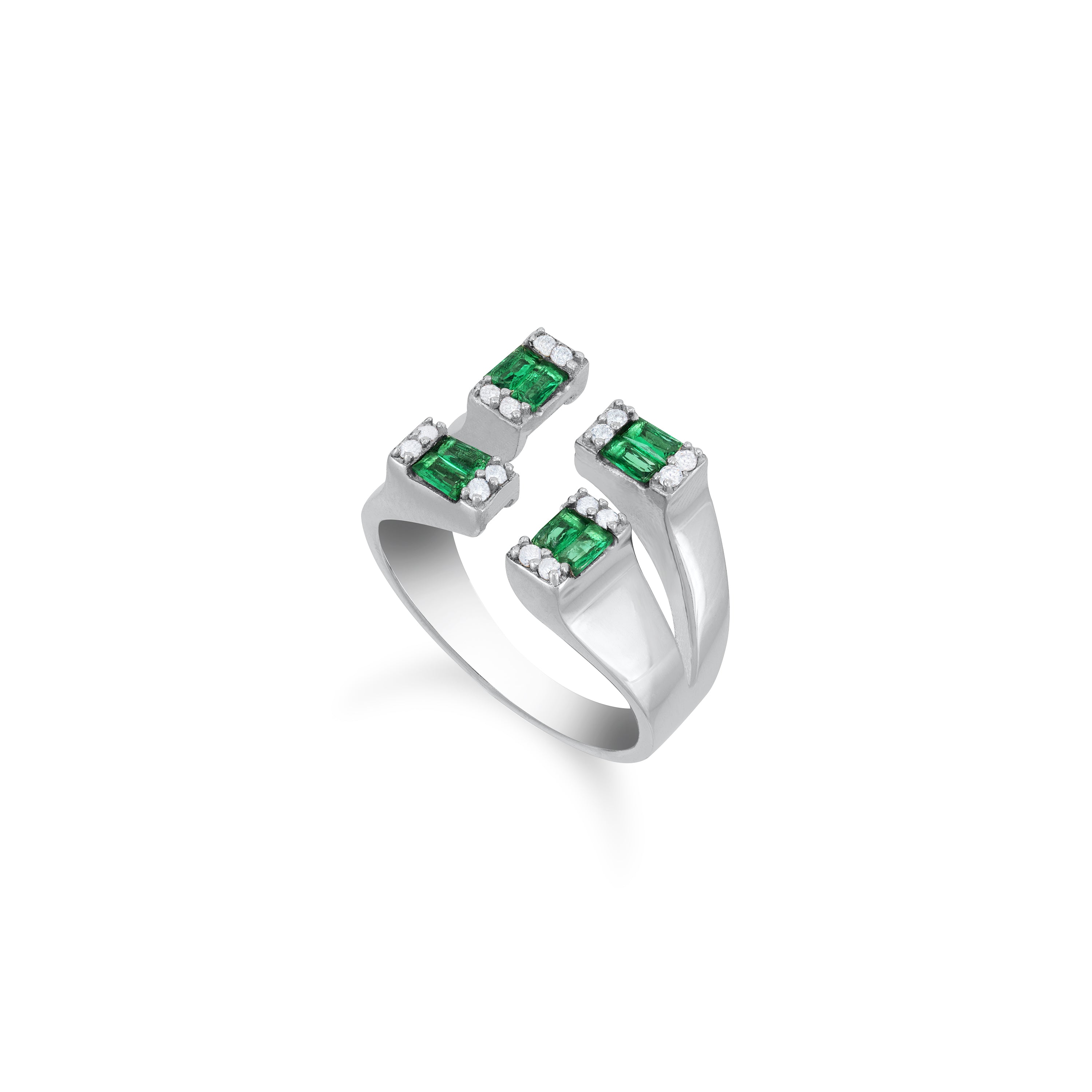 Four Baguette Stone Open Ring - Silver Green And White
