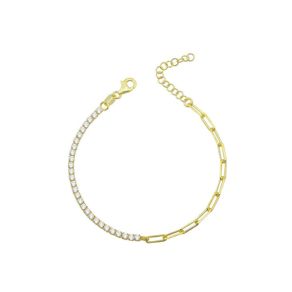 Half Tennis Half Paperclip Chain Bracelet - Gold White