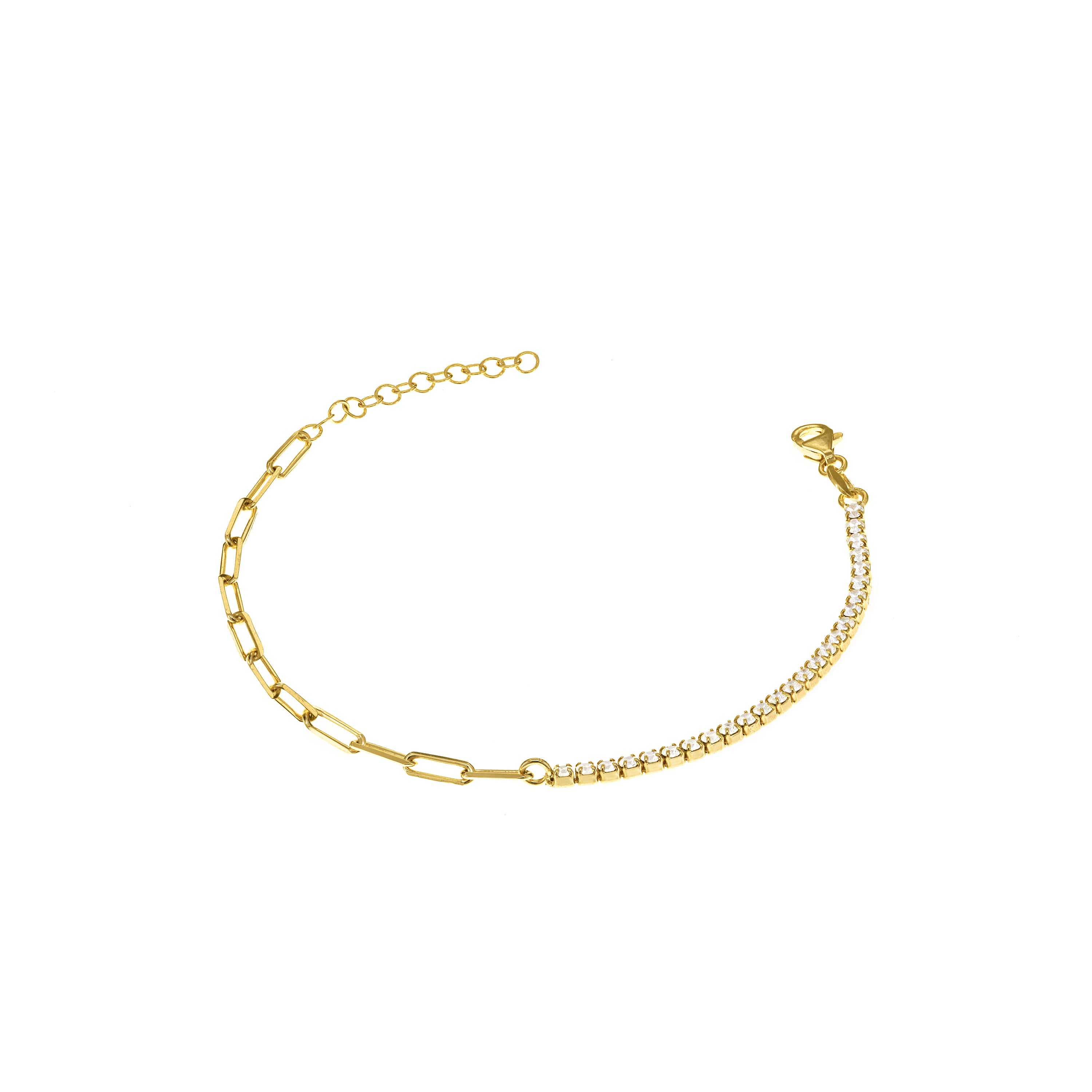 Half Tennis Half Paperclip Chain Bracelet - Gold White