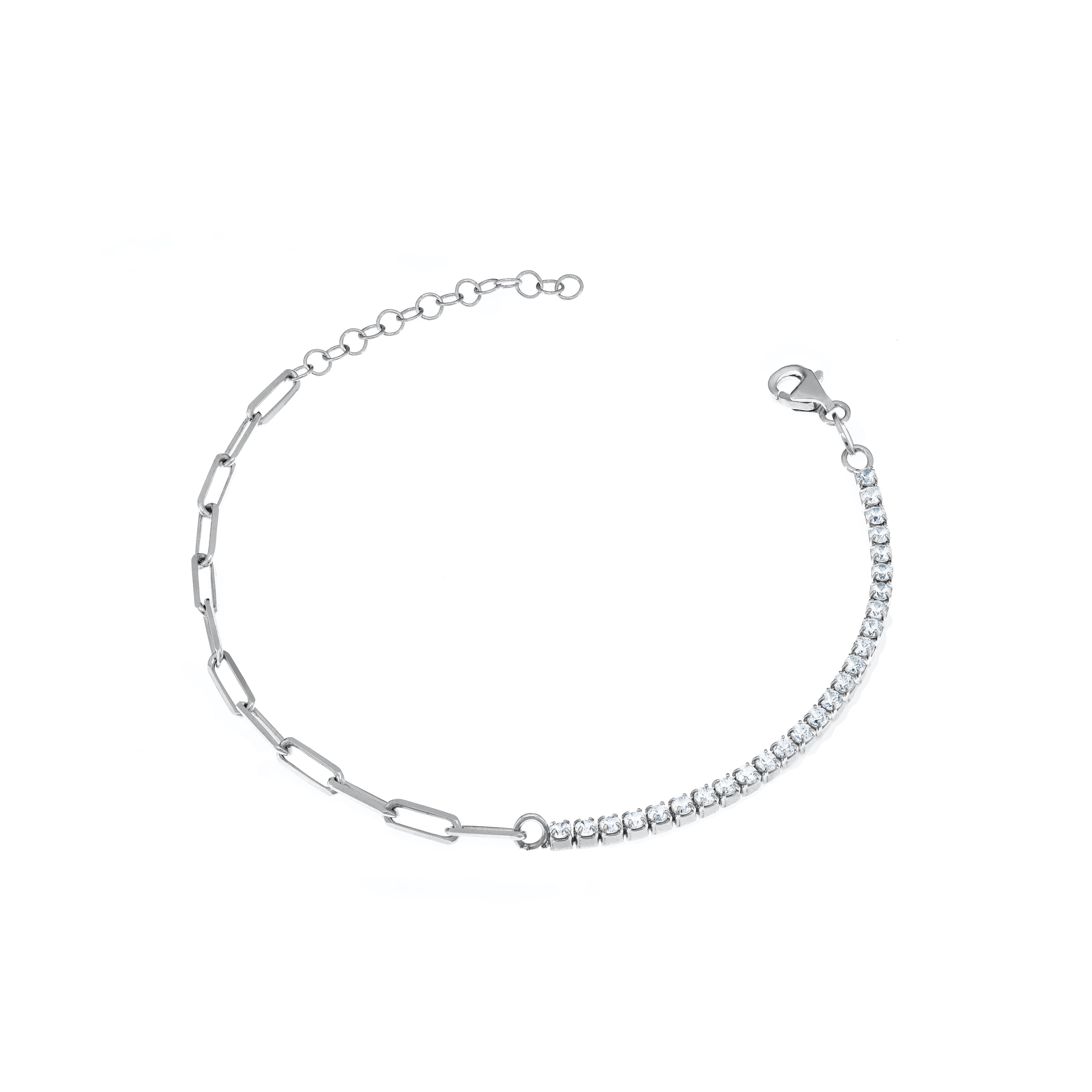 Half Tennis Half Paperclip Chain Bracelet - Silver White
