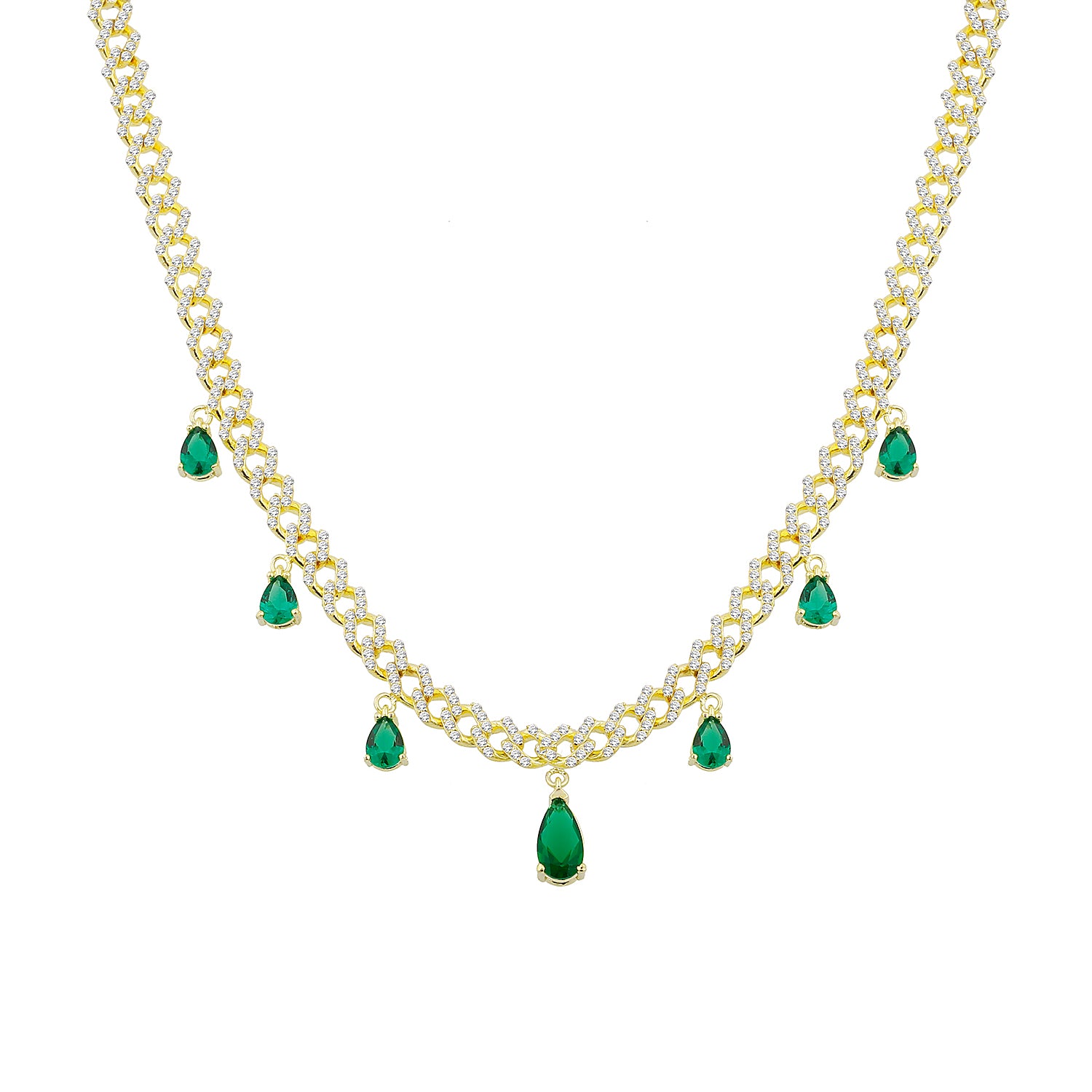 Multiple Emerald Teardrops Pave Curb Chain Choker