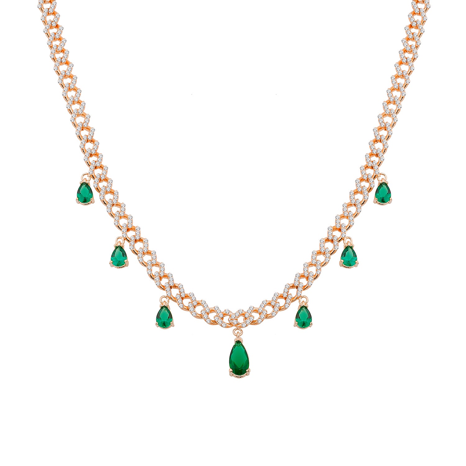 Multiple Emerald Teardrops Pave Curb Chain Choker - Rose Gold Green And White