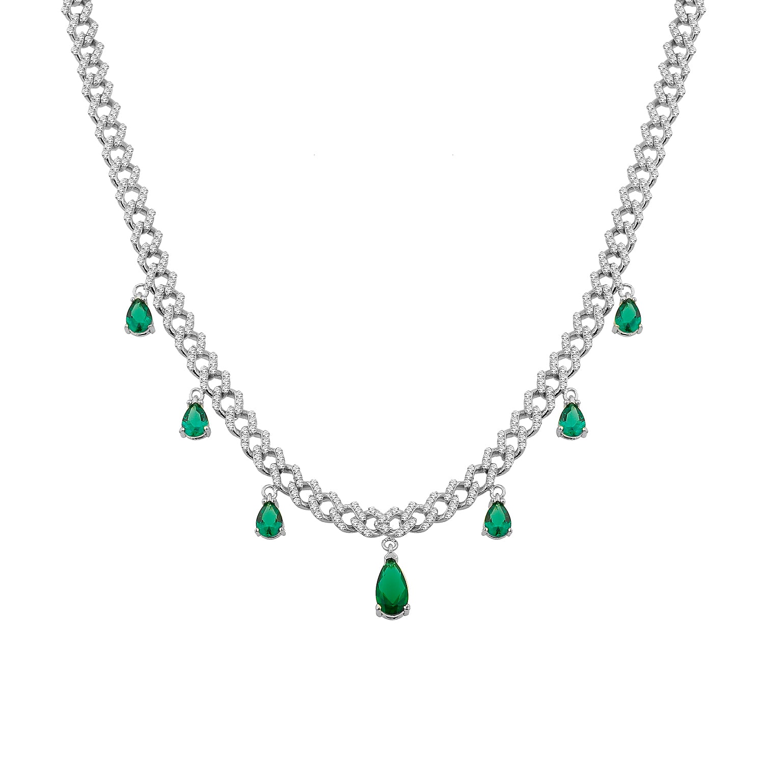 Multiple Emerald Teardrops Pave Curb Chain Choker