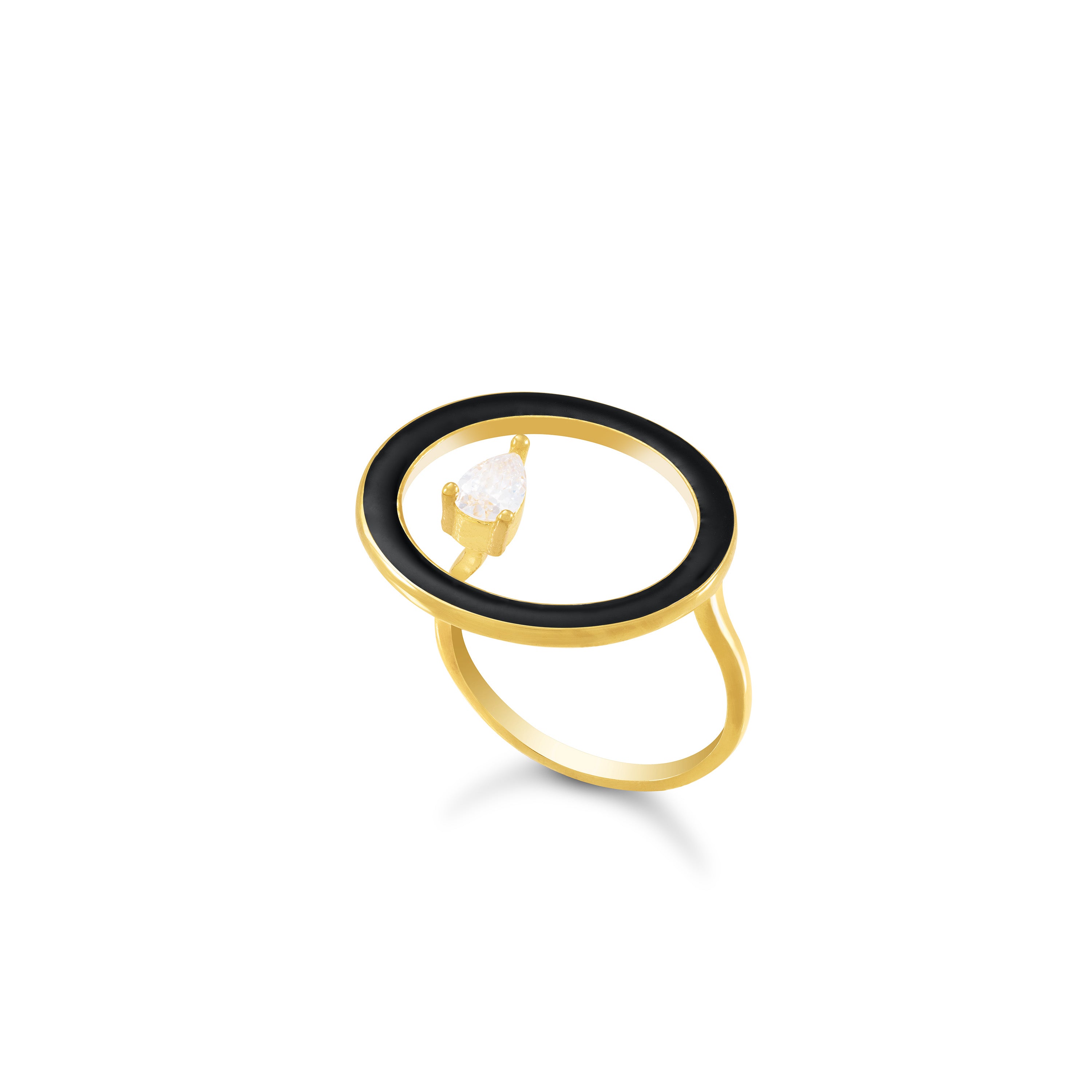 Open Enamel Circle Ring With One Teardrop - Gold Black