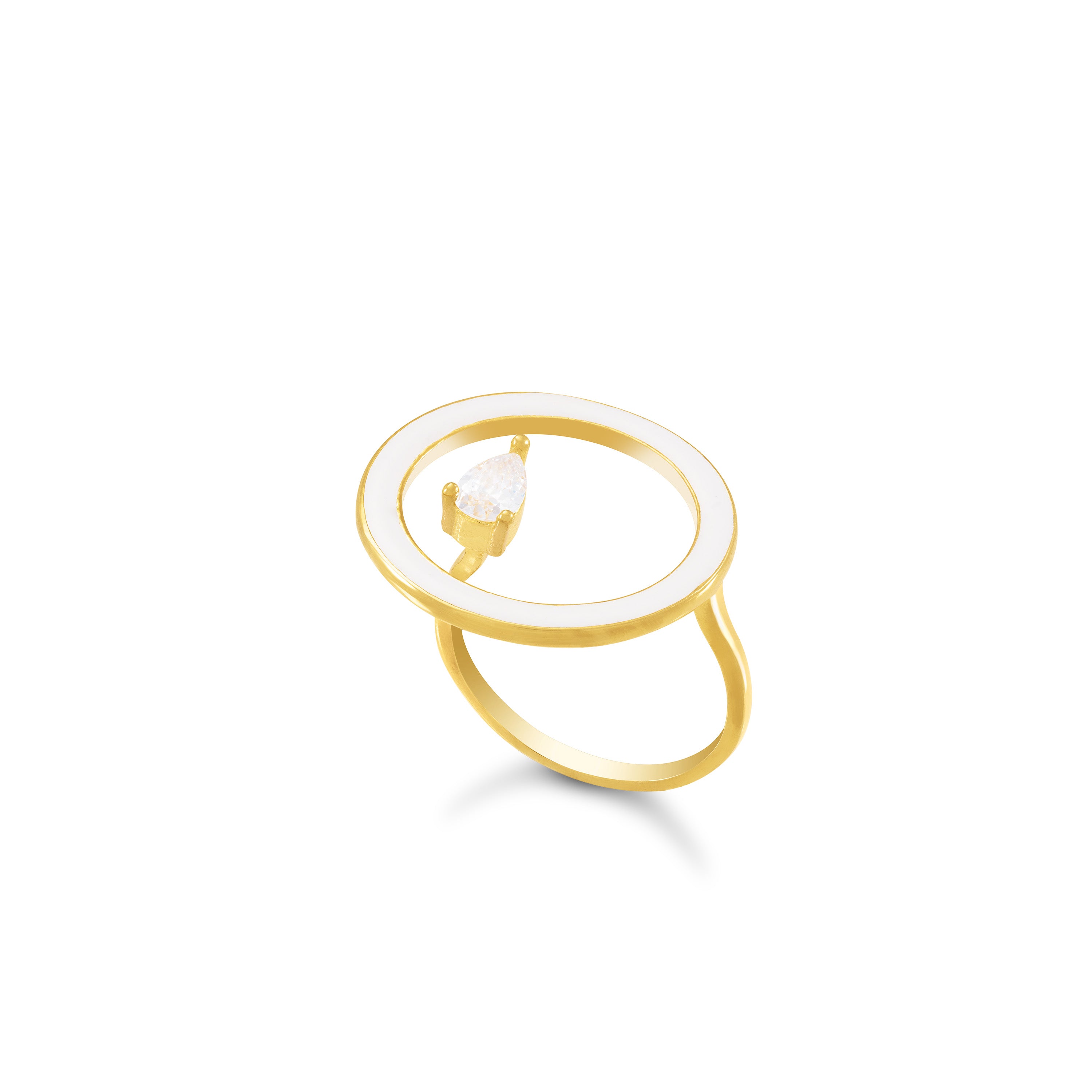Open Enamel Circle Ring With One Teardrop - Gold White
