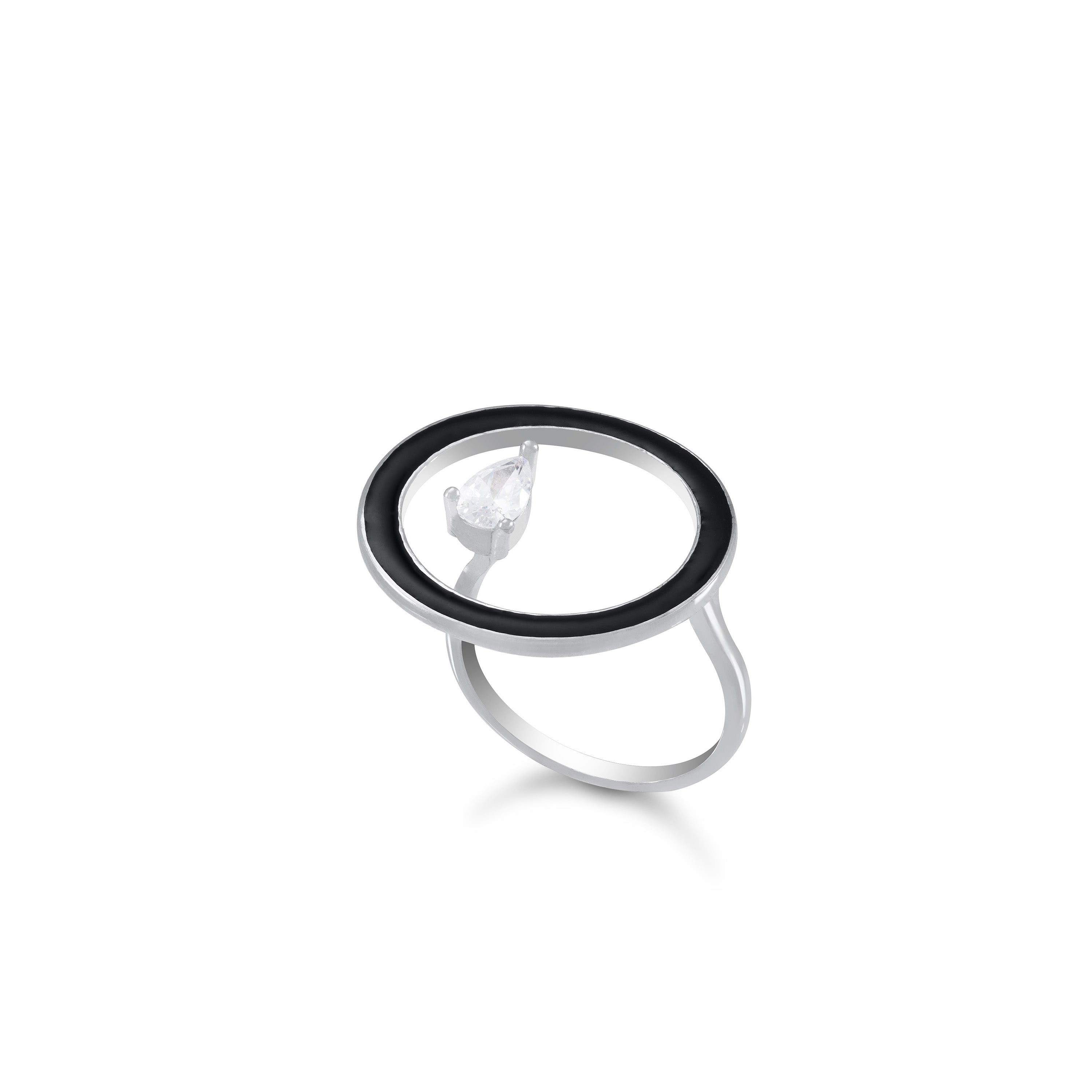 Open Enamel Circle Ring With One Teardrop - Silver Black