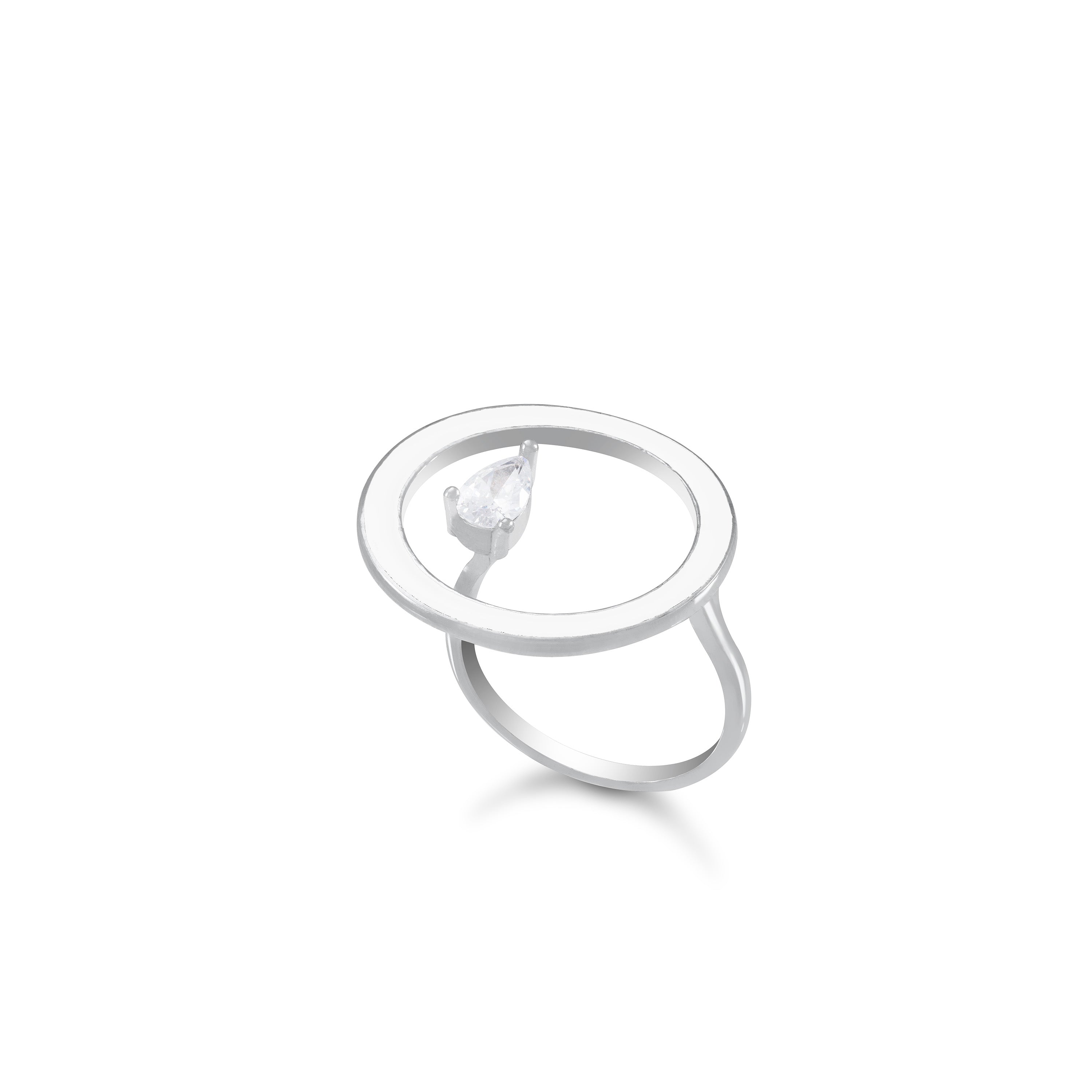 Open Enamel Circle Ring With One Teardrop - Silver White