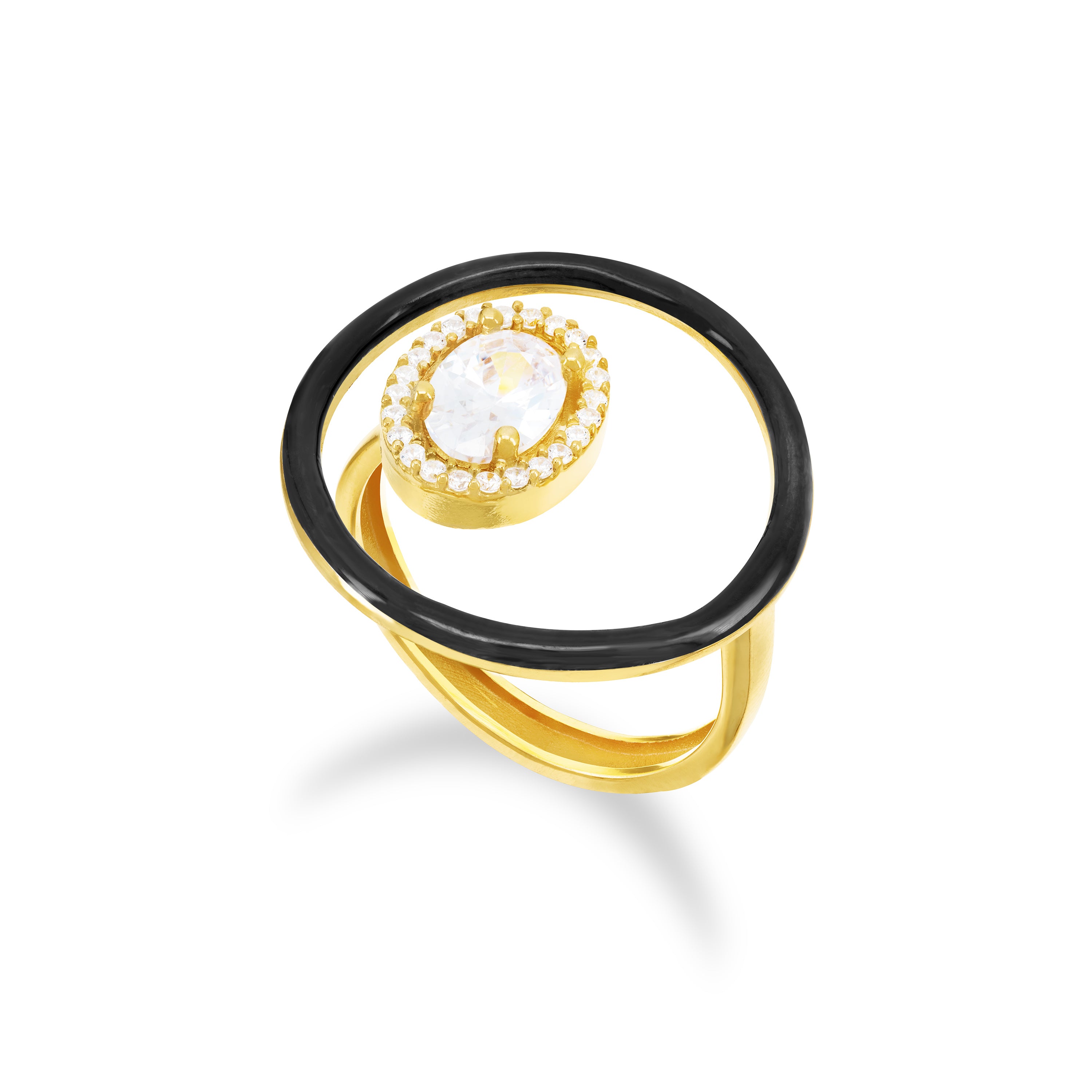 Open Enamel Circle Ring With Stone - Gold Black