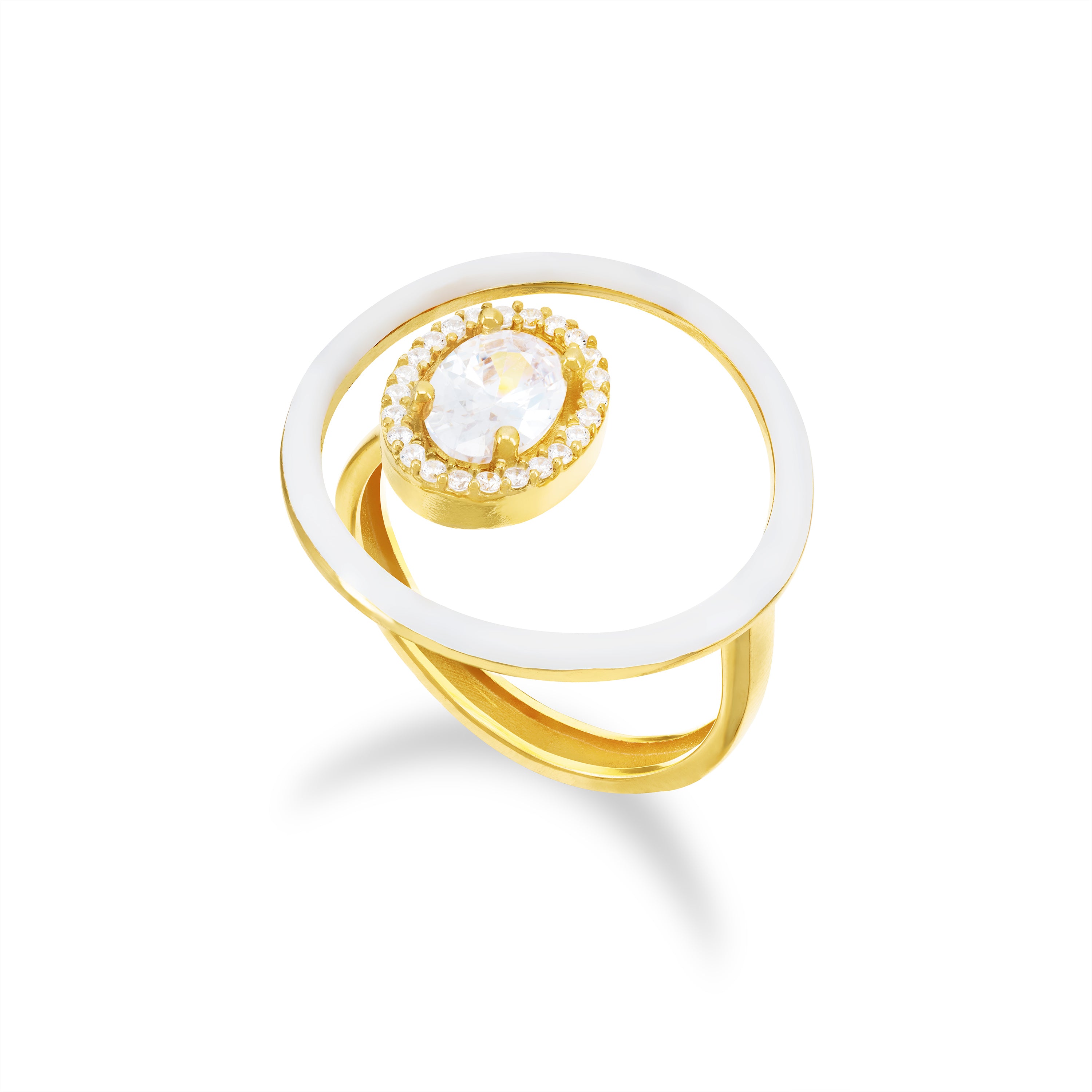 Open Enamel Circle Ring With Stone - Gold White