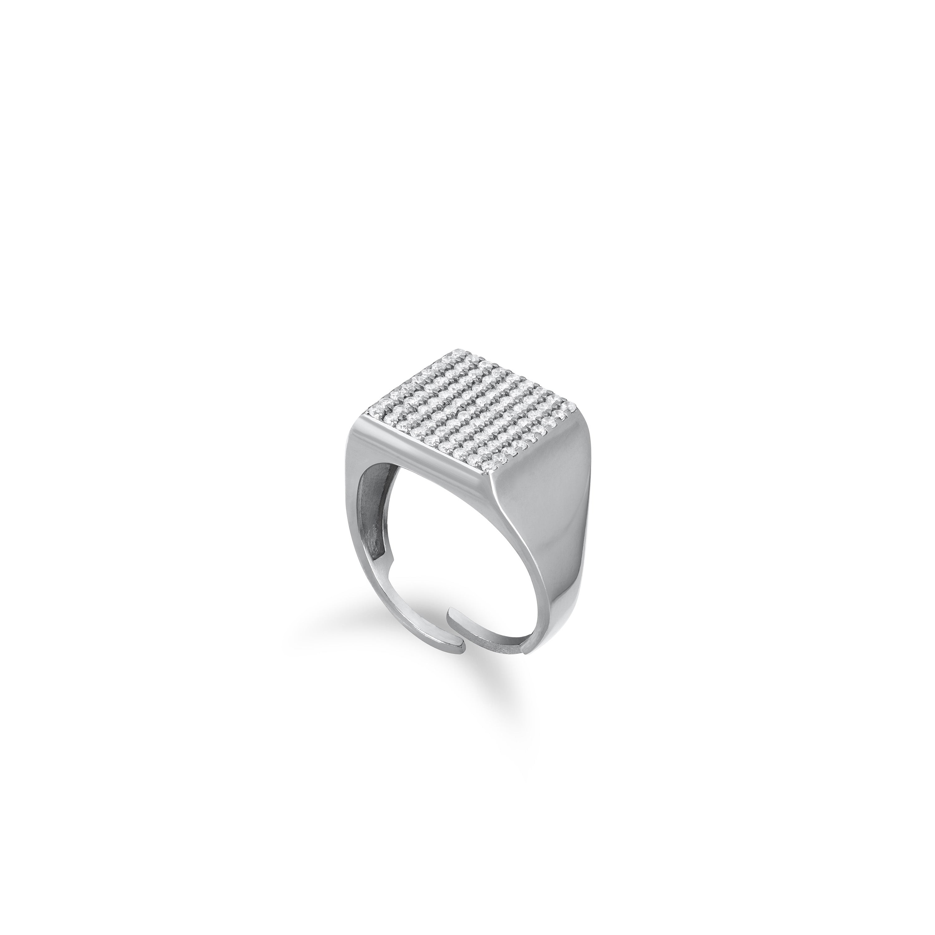 Pave Square Signet Pinky Ring - Silver White