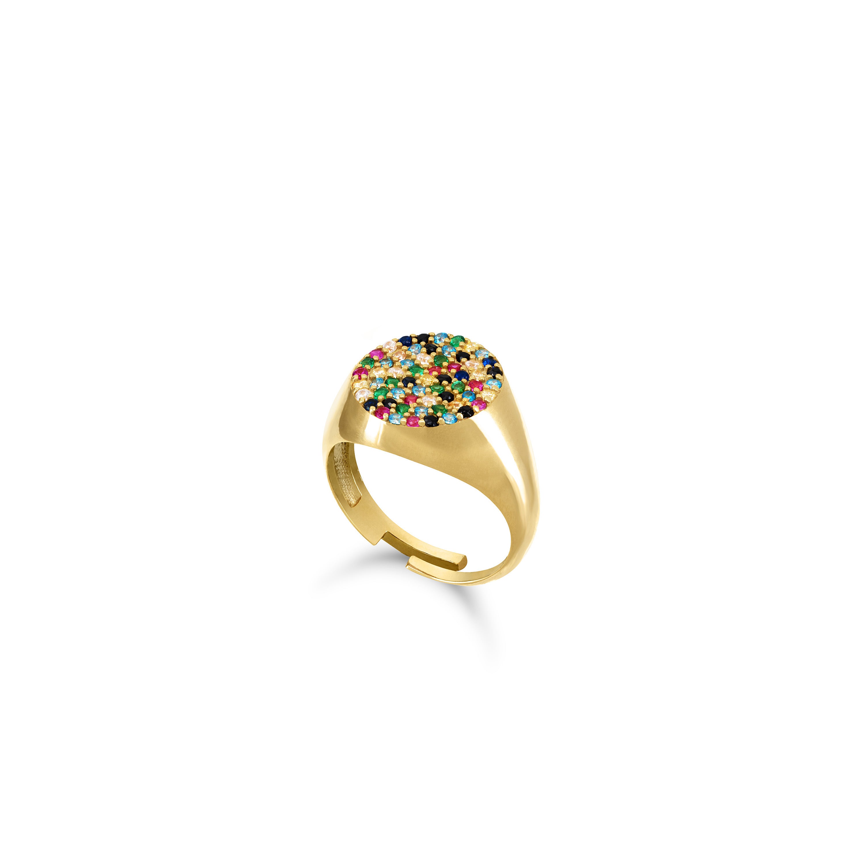 Round Pave Cubic Zirconia Signet Pinky Ring - Gold Rainbow