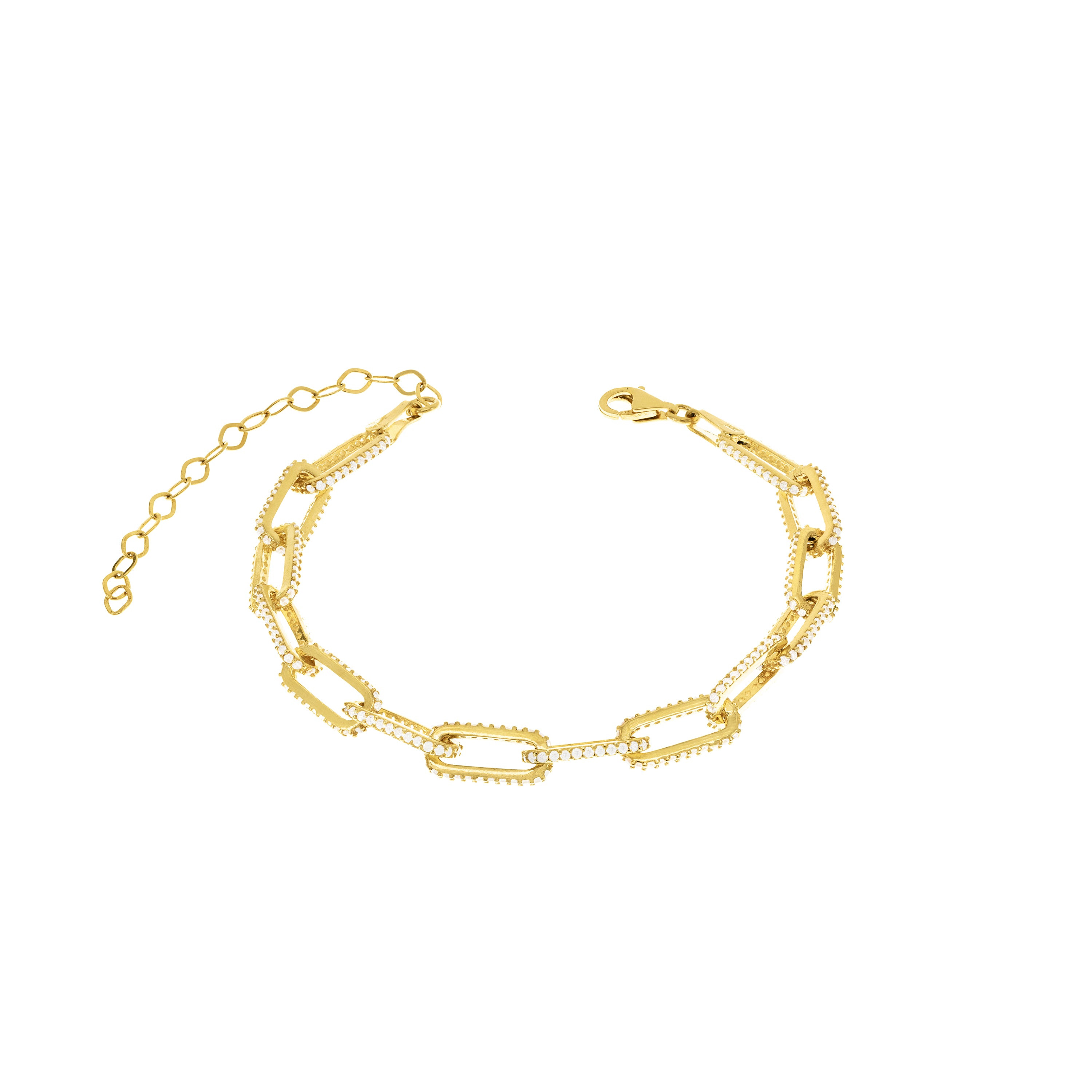 Side Pave Paperclip Link Bracelet - Gold White