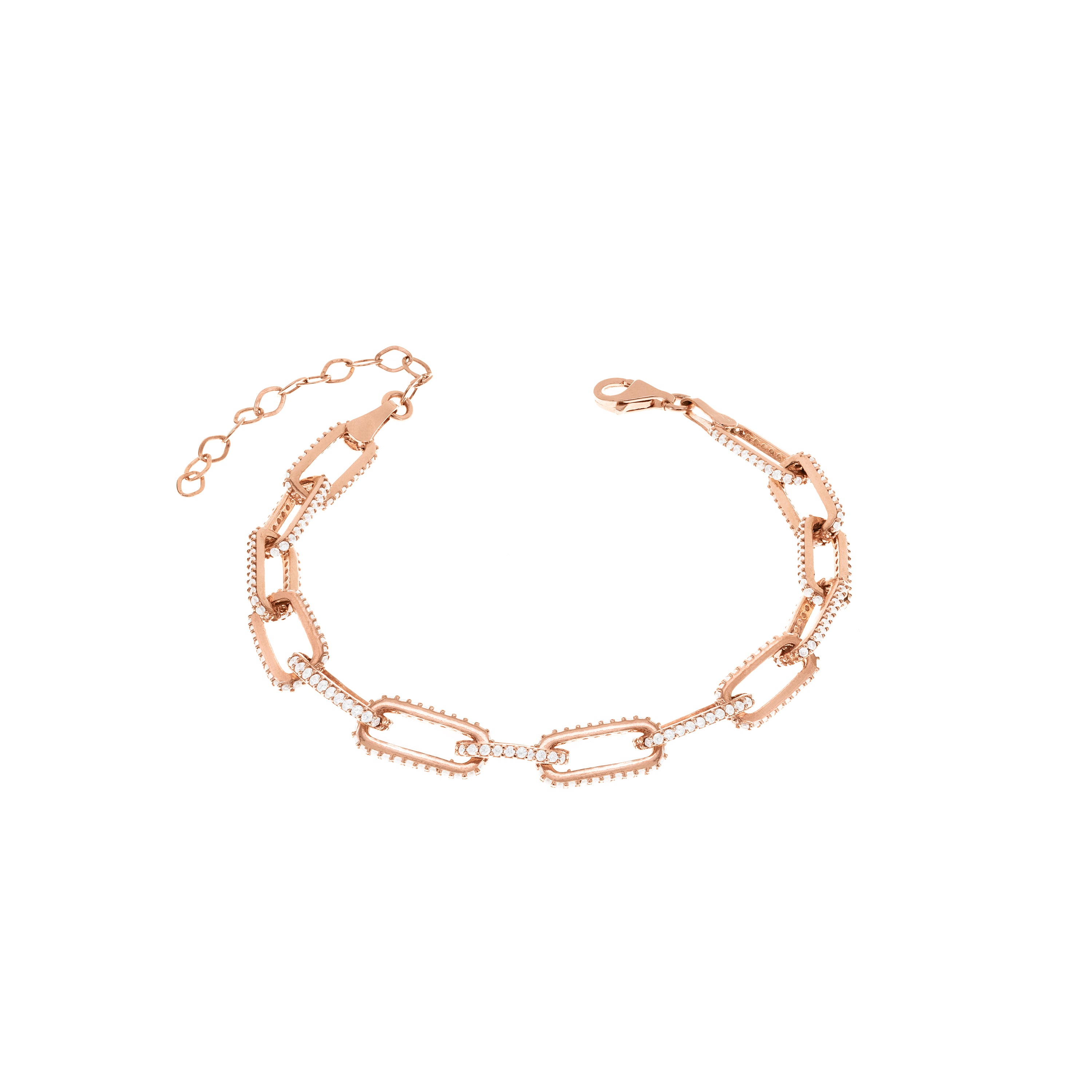 Side Pave Paperclip Link Bracelet - Rose Gold White