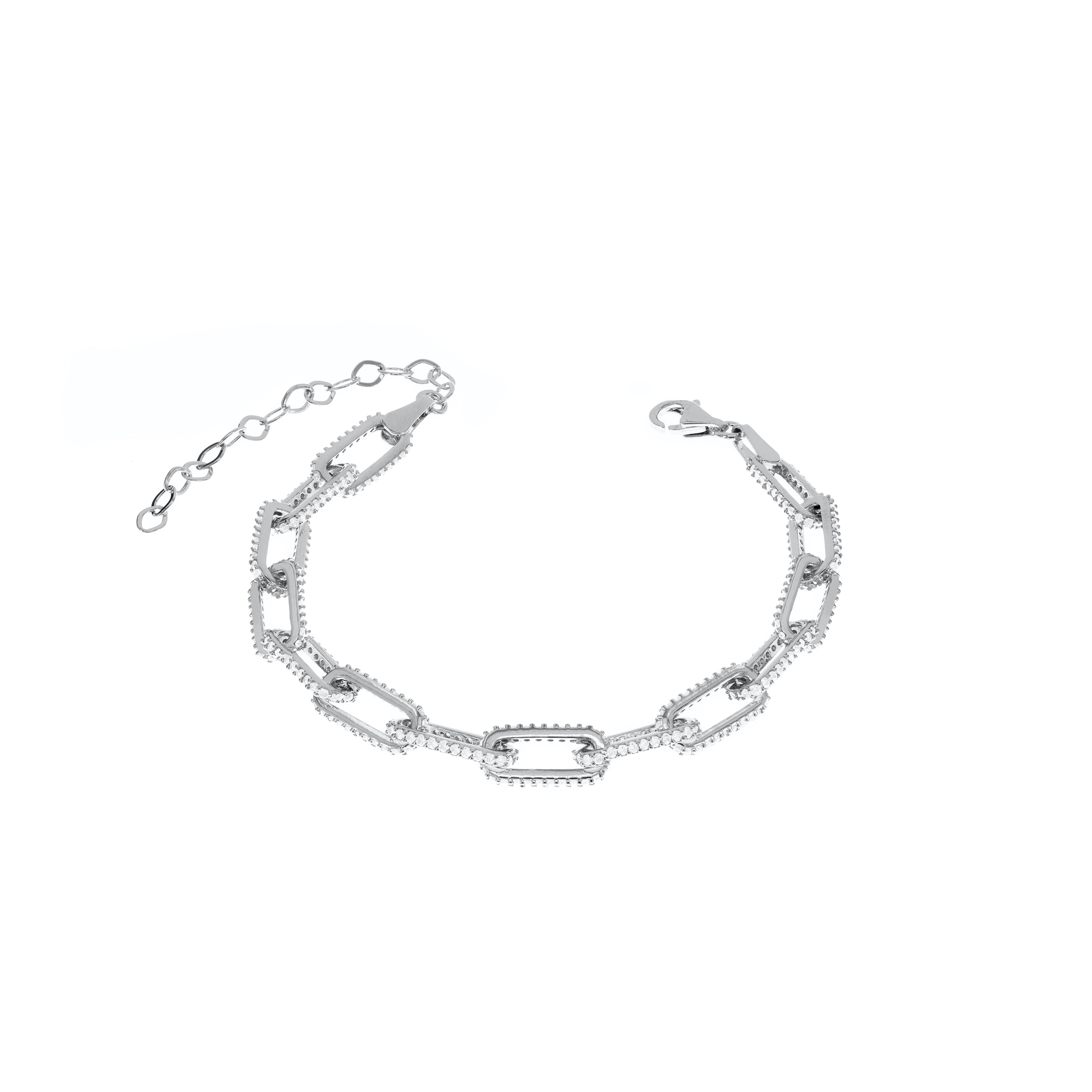 Side Pave Paperclip Link Bracelet - Silver White