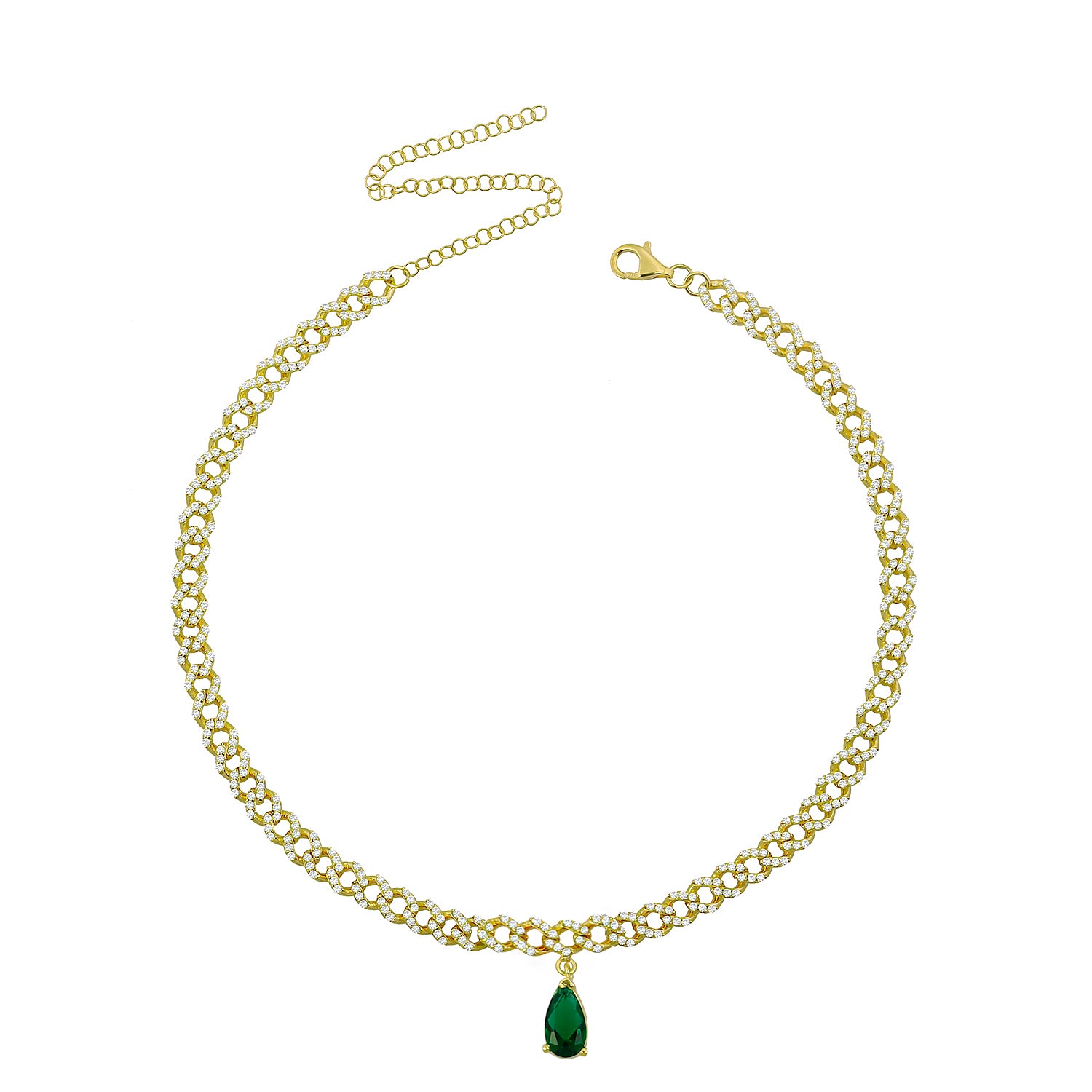 Single Emerald Teardrop Pave Curb Chain Choker - Gold Green And White