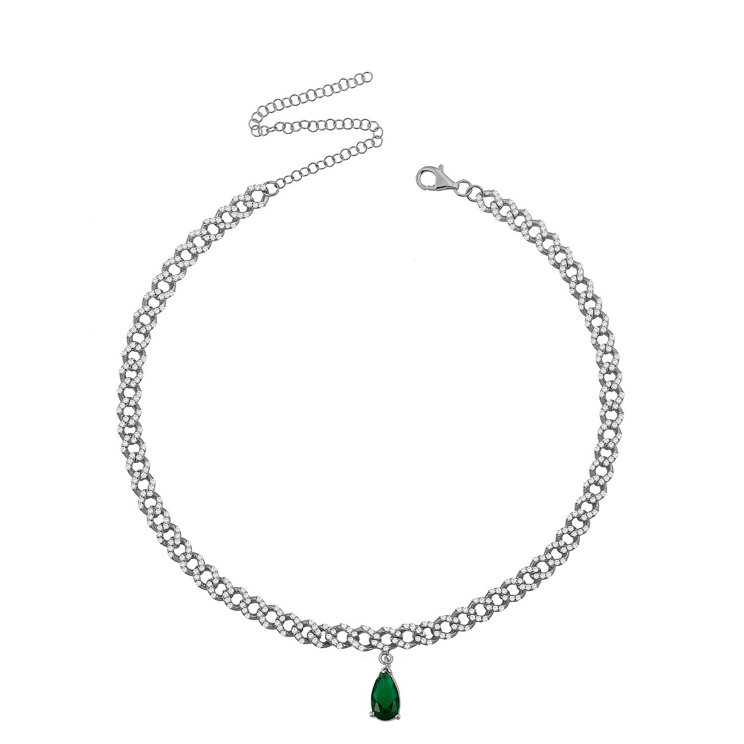 Single Emerald Teardrop Pave Curb Chain Choker - Silver Green And White