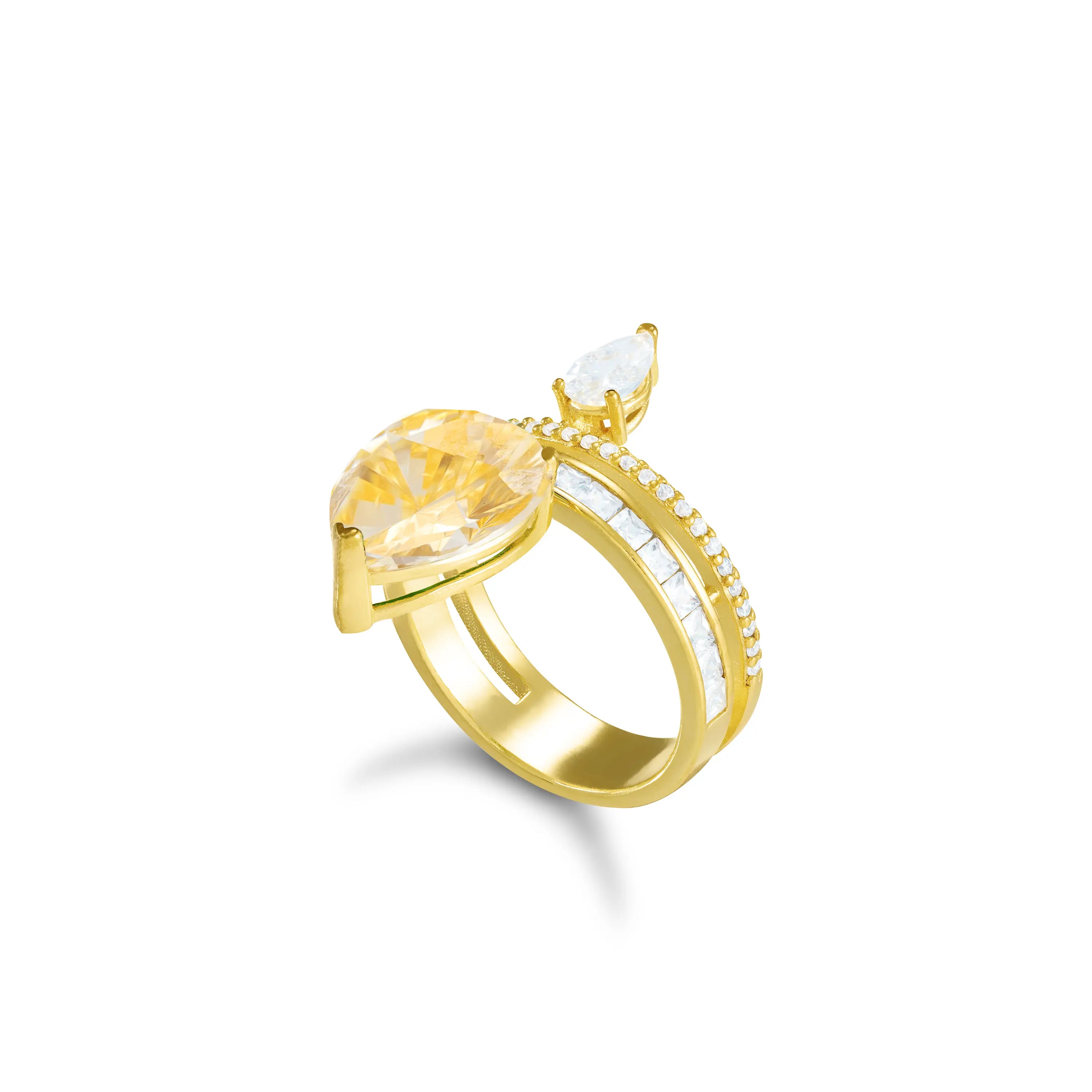 Asymmetric Two Teardrop Cubic Zirconia And Princess Cut Bar Ring - Gold Citrine And White
