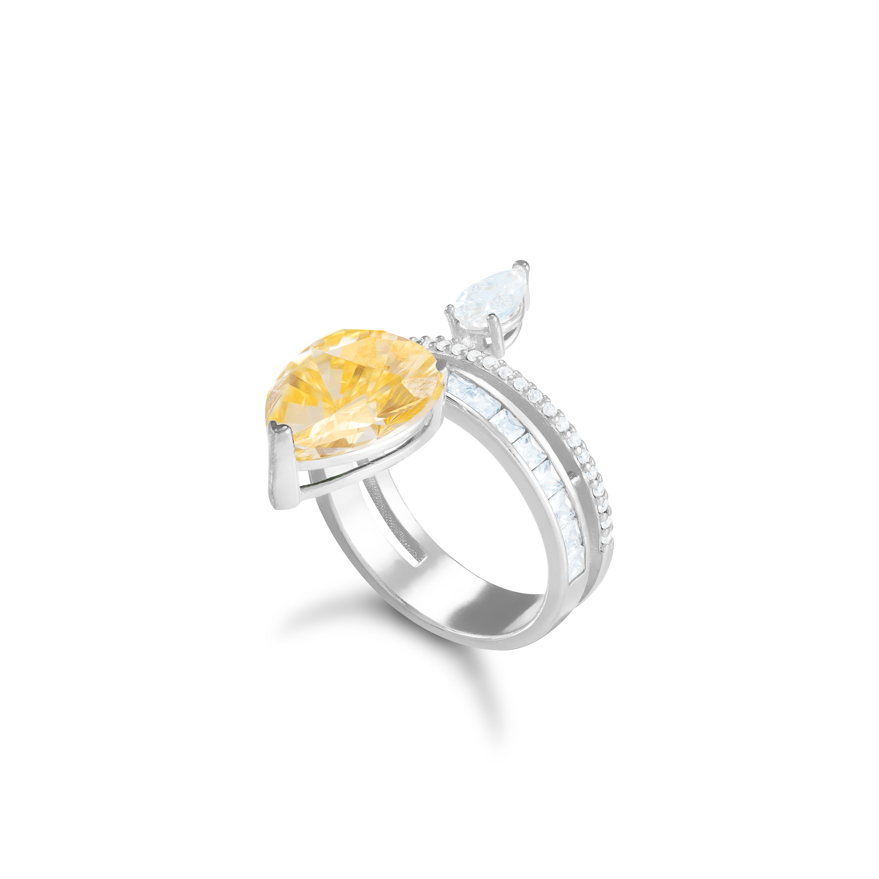 Asymmetric Two Teardrop Cubic Zirconia And Princess Cut Bar Ring - Silver Citrine And White