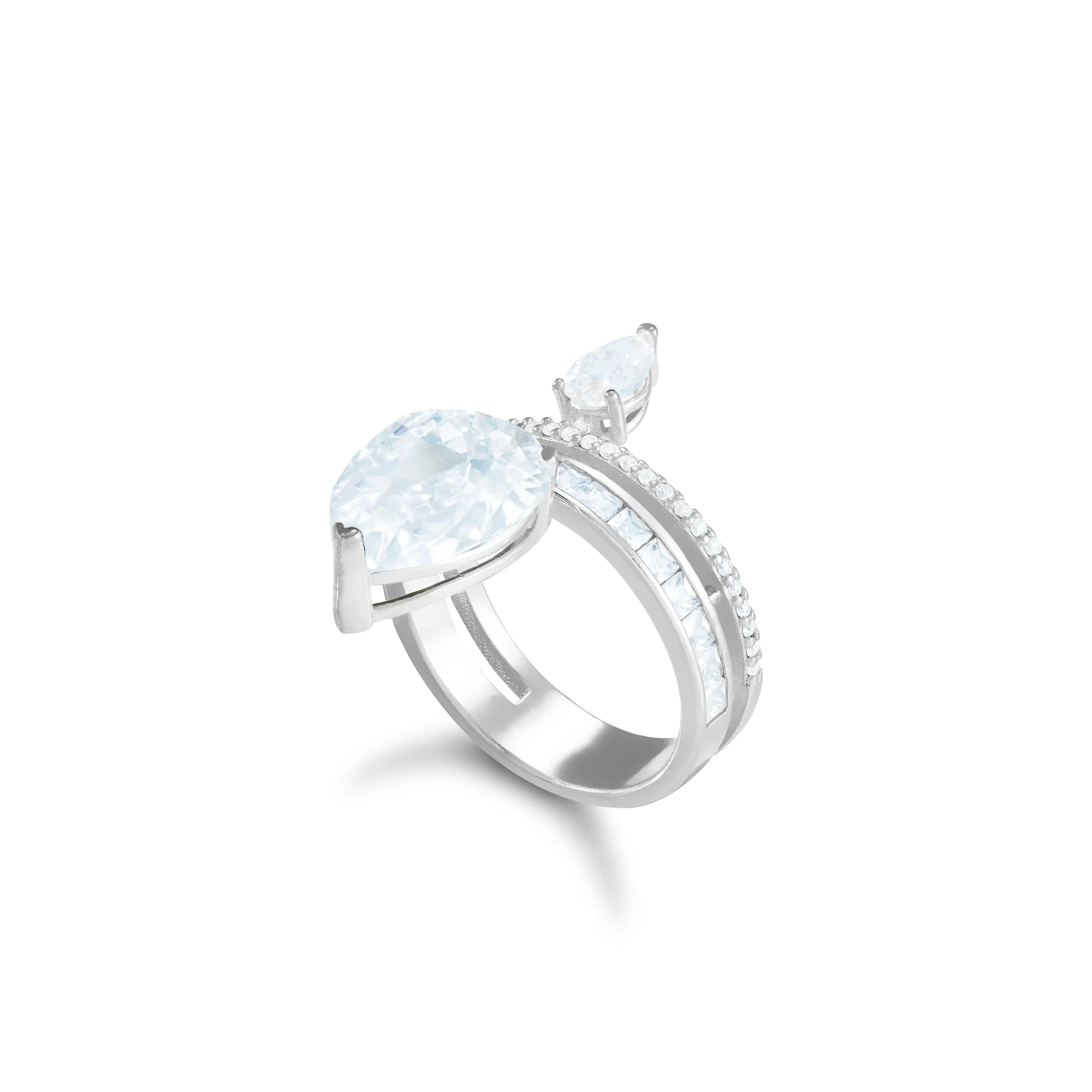 Asymmetric Two Teardrop Cubic Zirconia And Princess Cut Bar Ring - Silver White