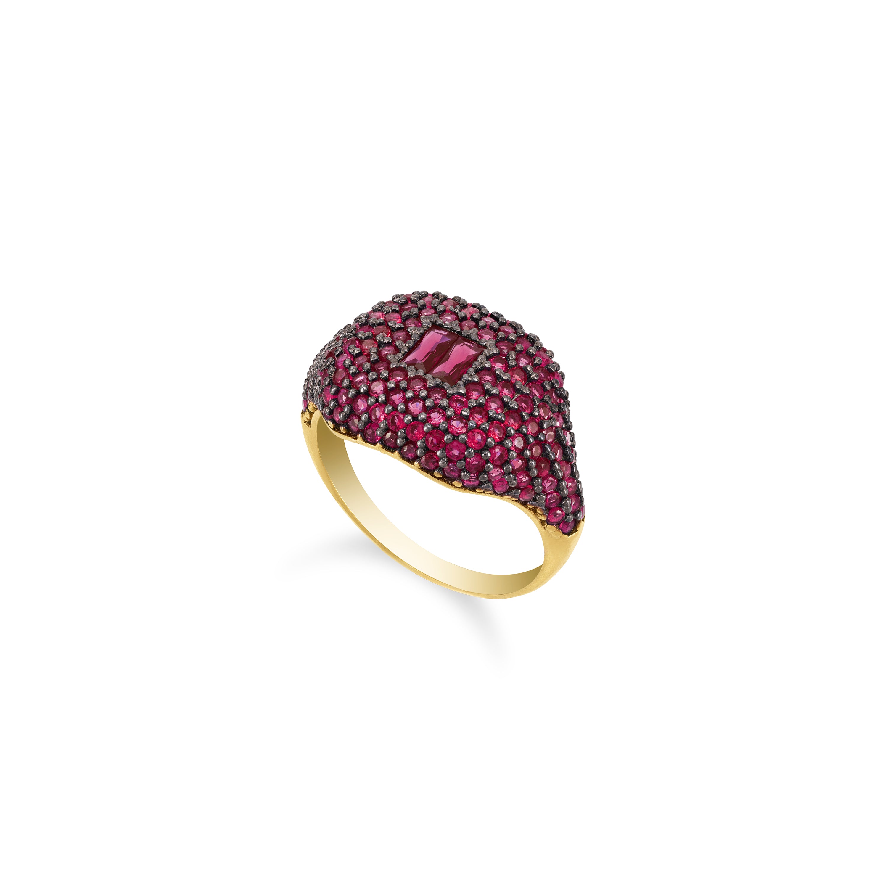 Baguette Centered Cubic Zirconia Dome Pinky Ring - Gold Fuchsia