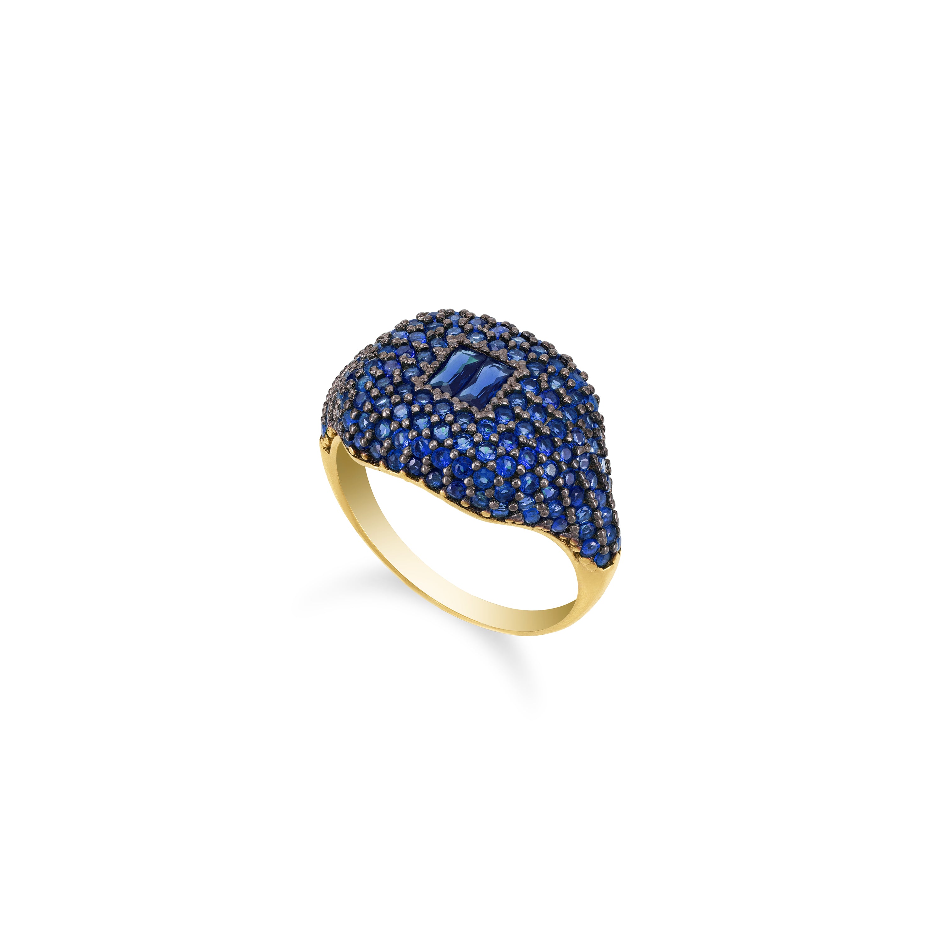 Baguette Centered Cubic Zirconia Dome Pinky Ring - Gold Navy Blue