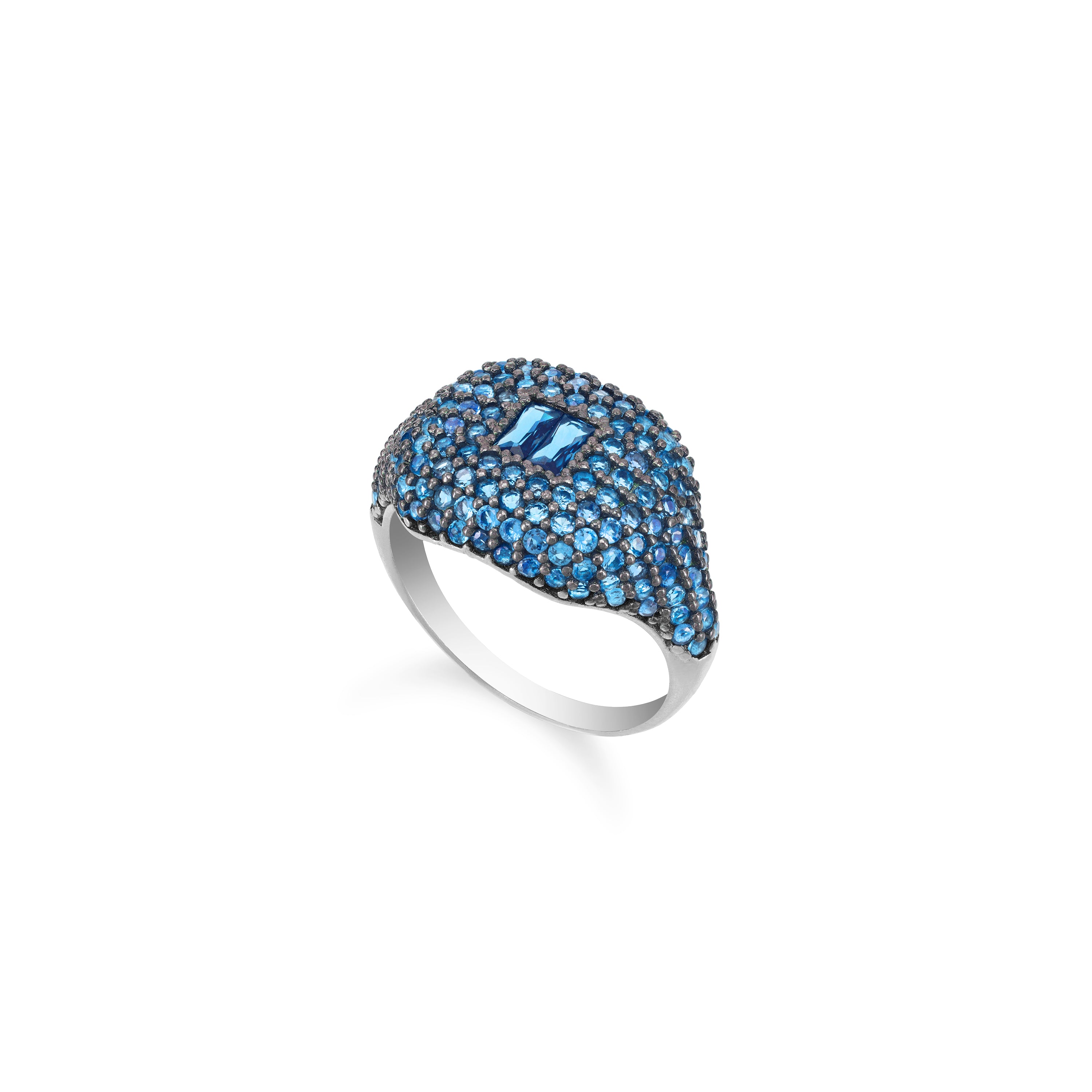 Baguette Centered Cubic Zirconia Dome Pinky Ring - Silver Aquamarine