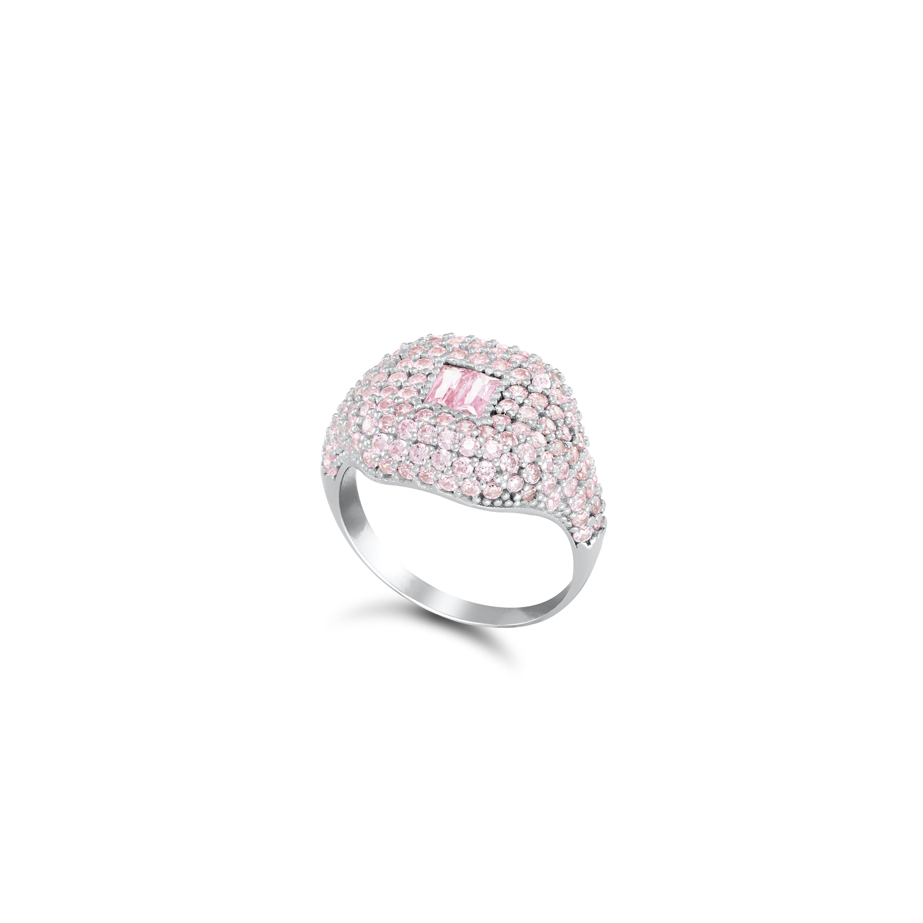 Baguette Centered Cubic Zirconia Dome Pinky Ring - Silver Light Pink