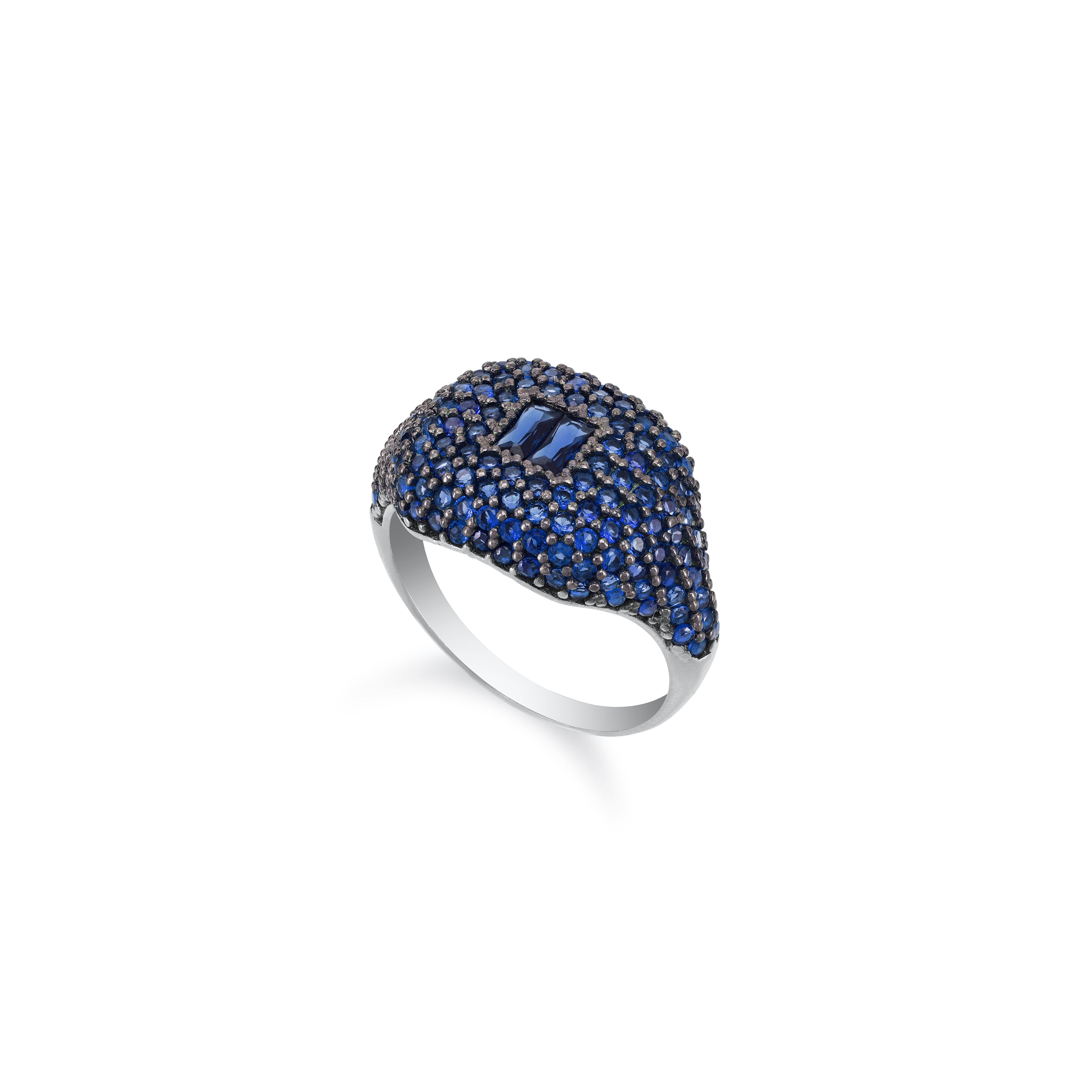 Baguette Centered Cubic Zirconia Dome Pinky Ring - Silver Navy Blue