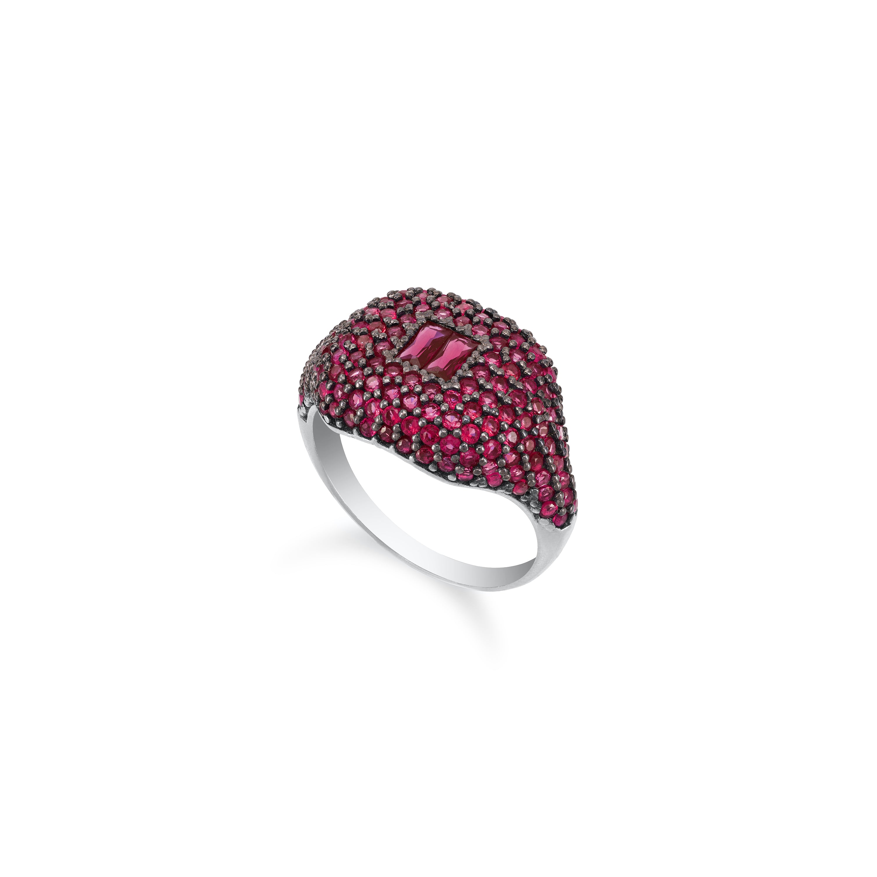 Baguette Centered Cubic Zirconia Dome Pinky Ring - Silver Fuchsia