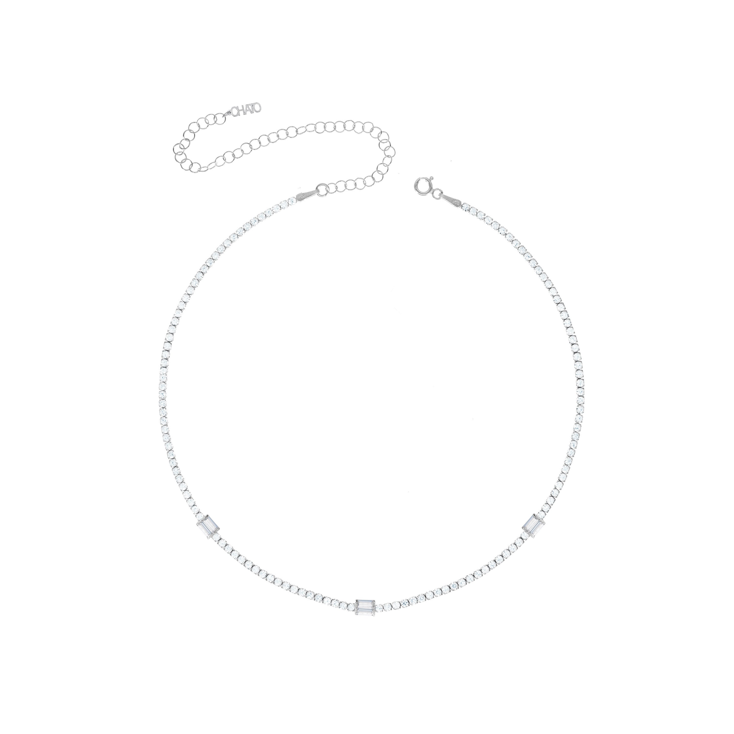 Baguette Cut Tennis Choker - Silver White - Three Baguette