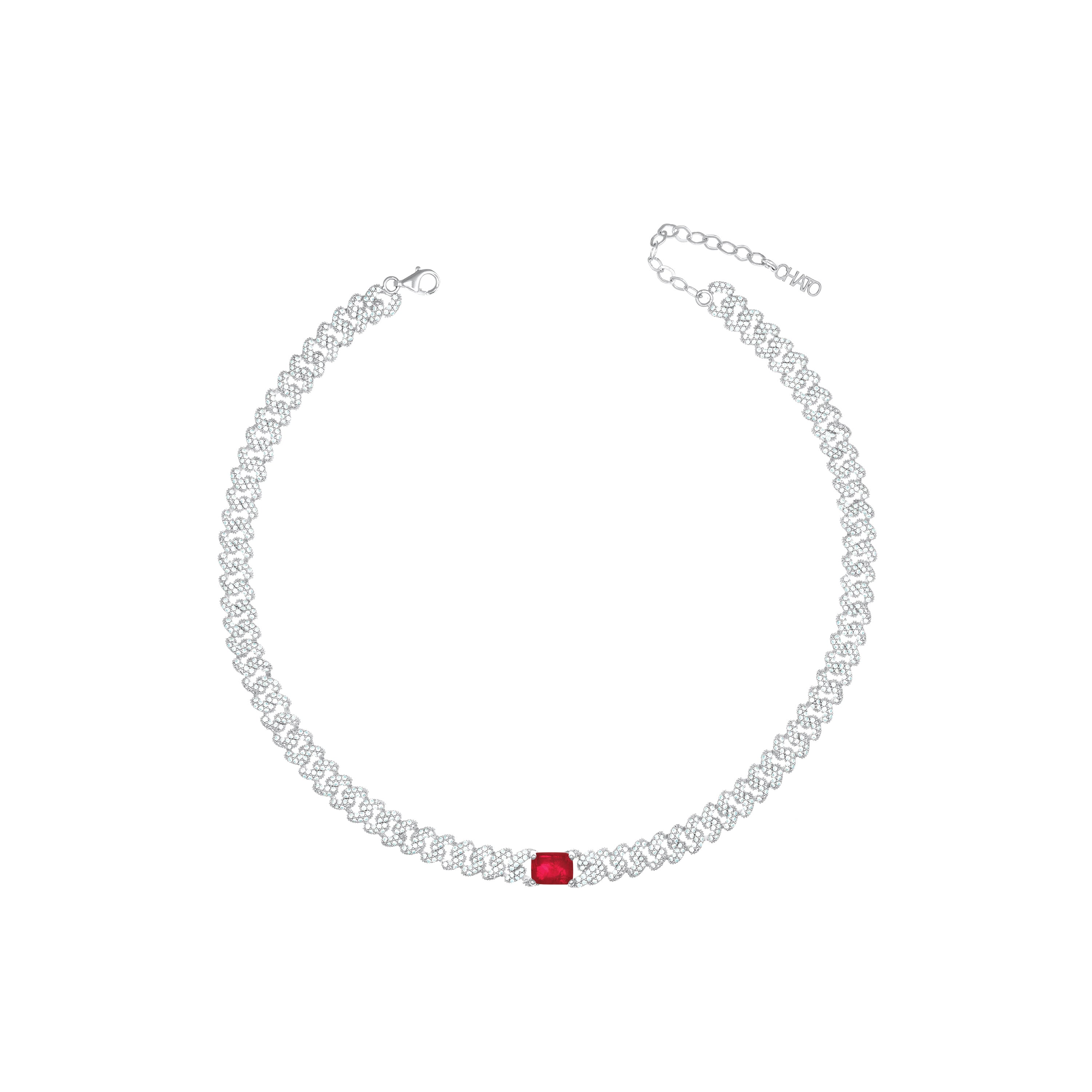 Big Stone Emerald Cut Pave Cuban Chain Choker - Silver Ruby Matt And White - Small Cuban