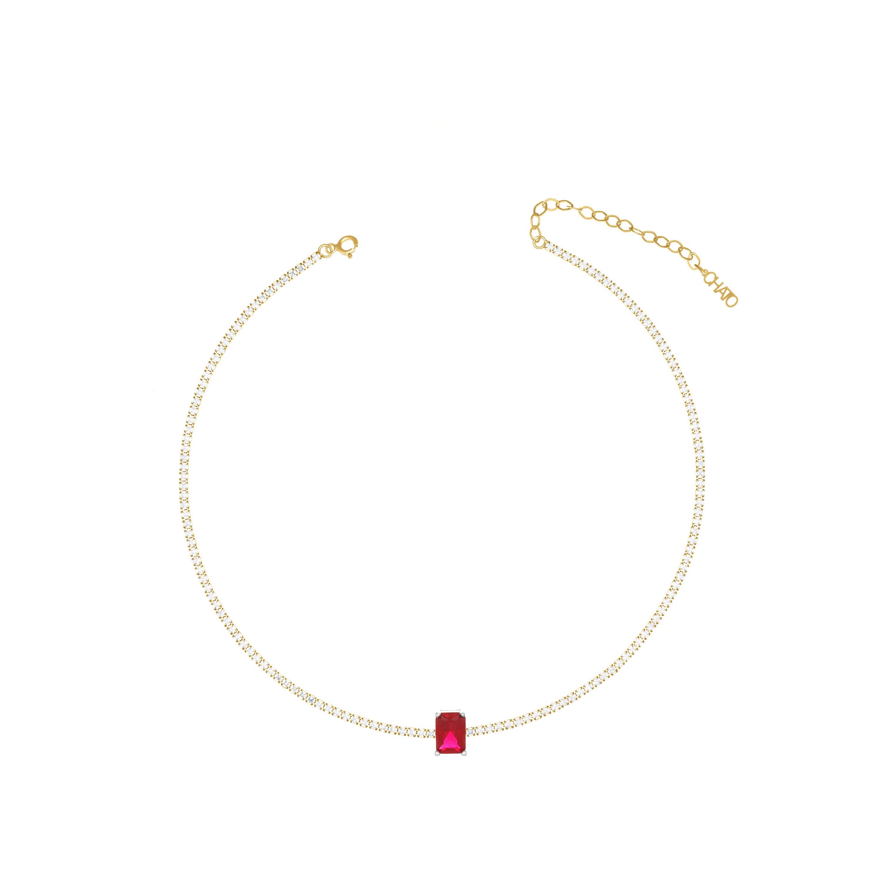 One Vertical Rectangle Tennis Choker - Gold Ruby CZ And White