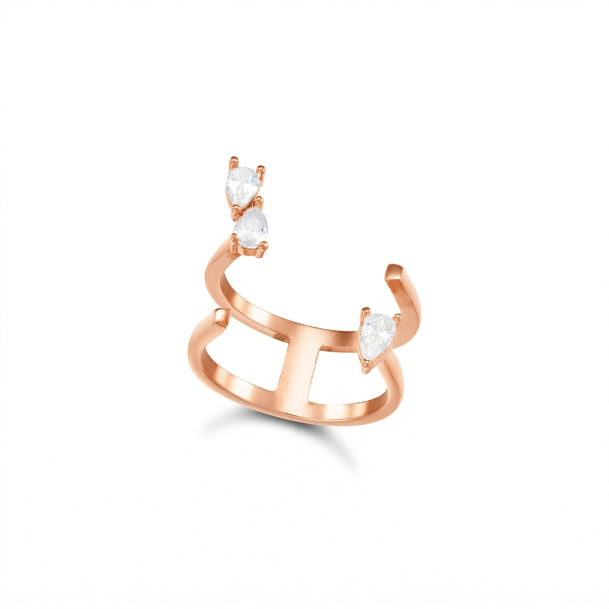 Three Teardrop Dual Band Open Ring - Rose Gold White