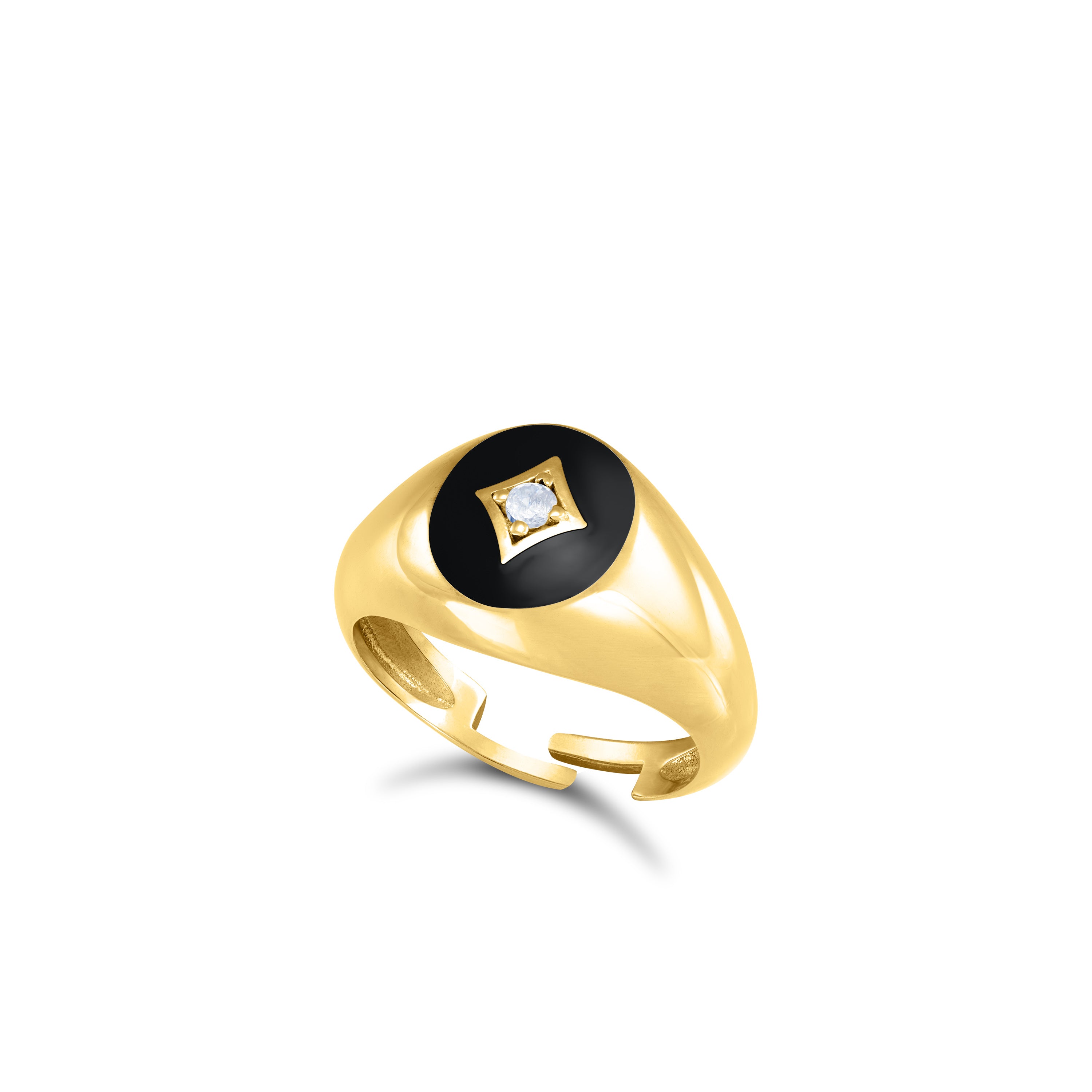 CZ Star Oval Signet Enamel Pinky Ring - Gold Black