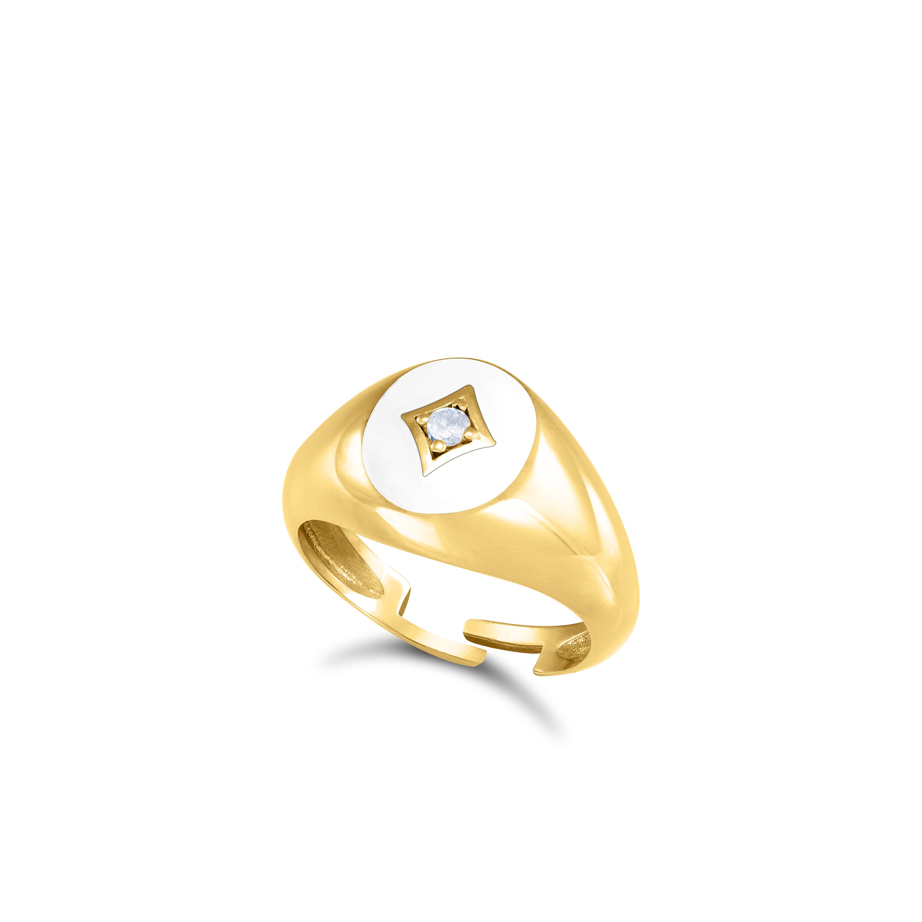 CZ Star Oval Signet Enamel Pinky Ring - Gold White