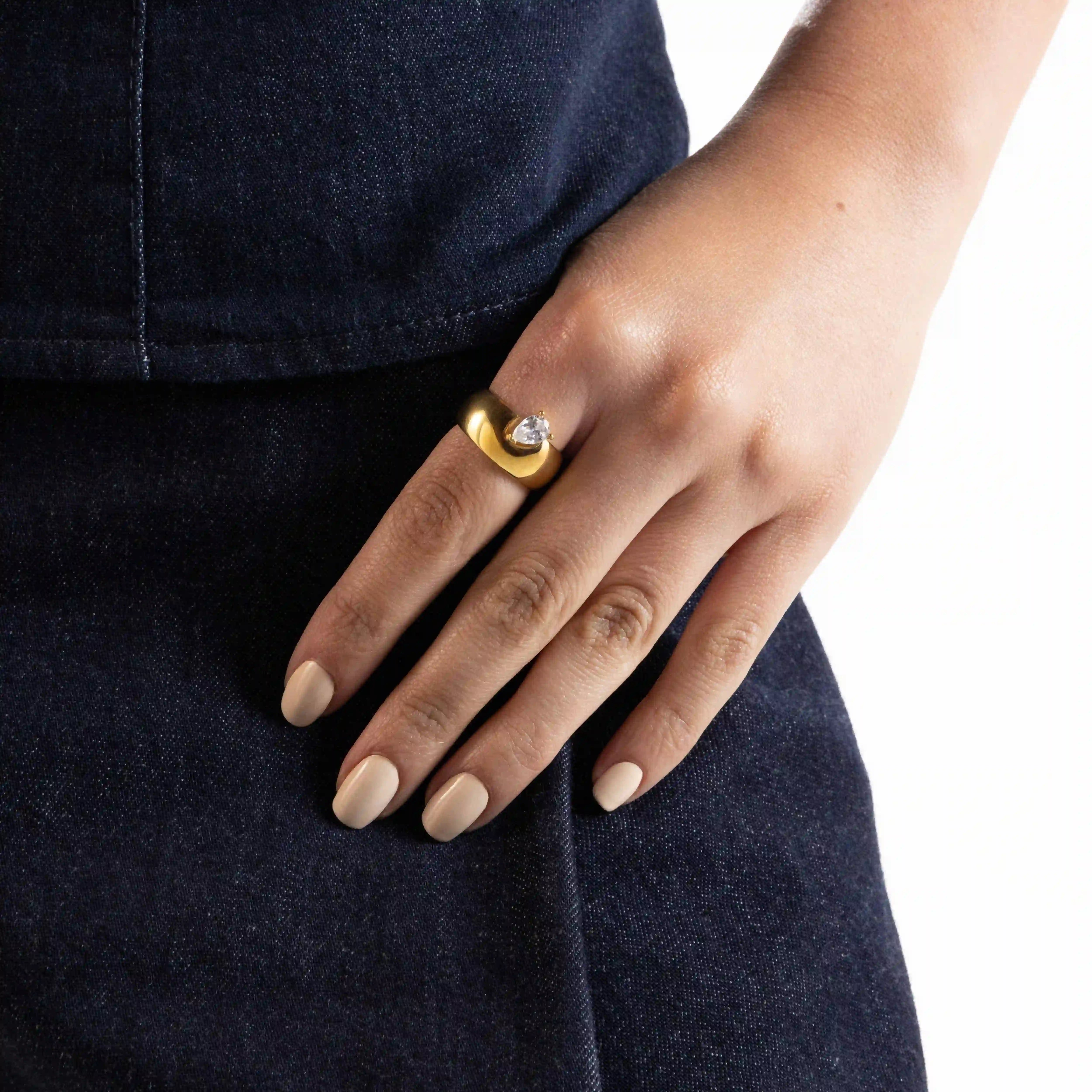Chunky Ring With Teardrop CZ - Gold White